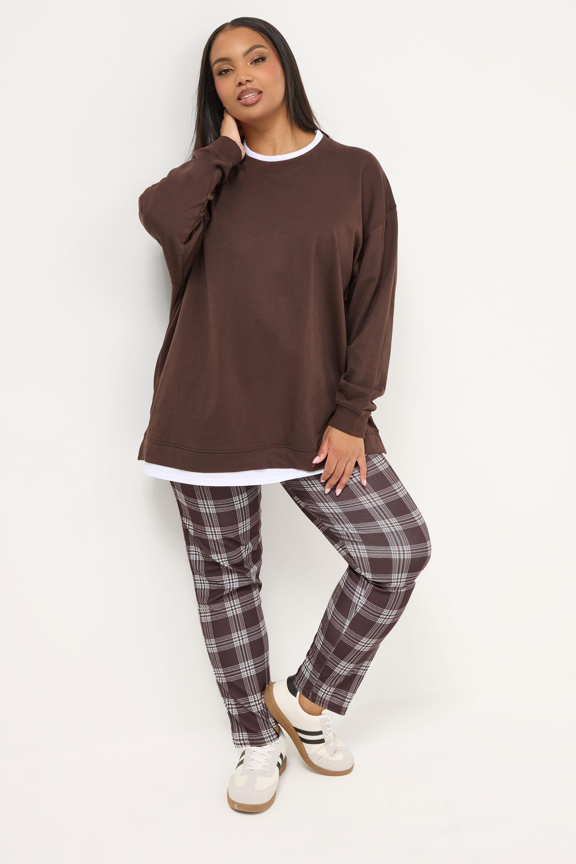 YOURS Plus Size Chocolate Brown Check Crepe Tapered Trousers | Yours Clothing 1