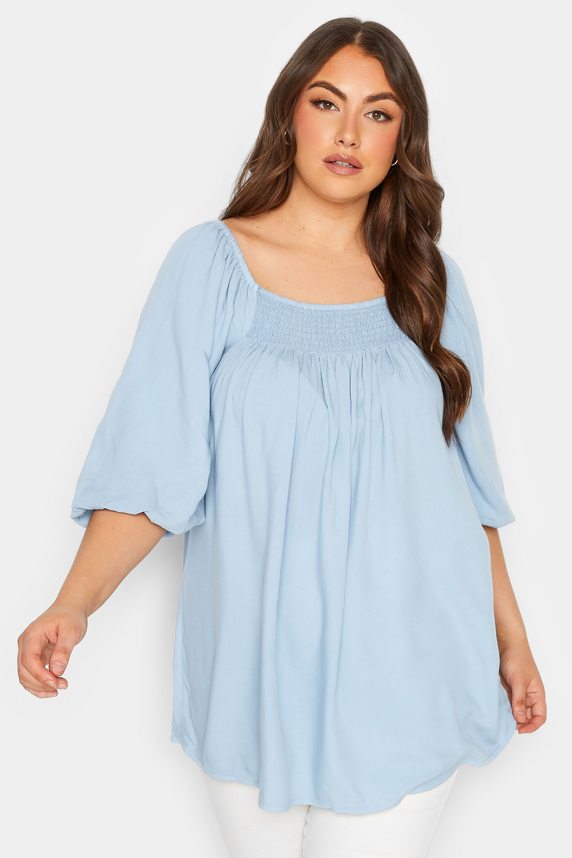 YOURS Plus Size Blue Shirred Neck Top | Yours Clothing 1