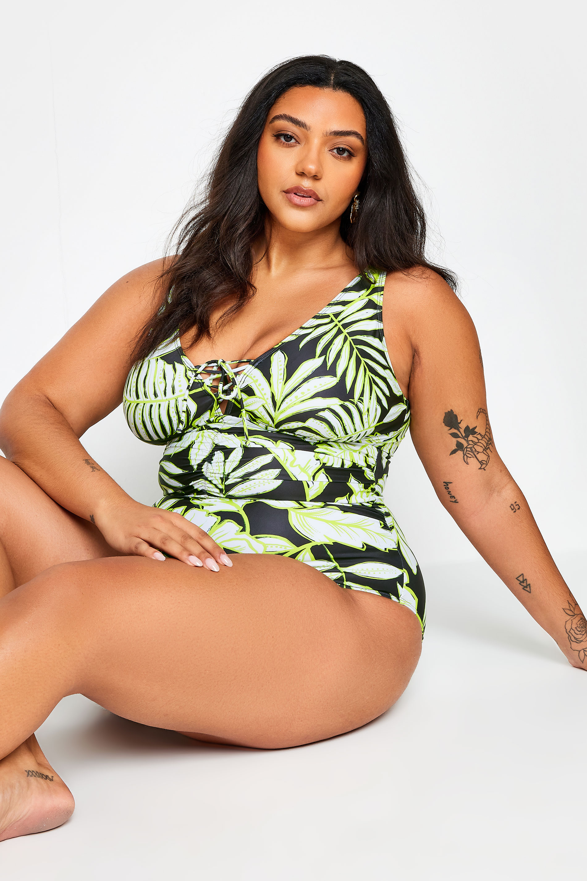 YOURS Plus Size Black Leaf Print Plunge Tummy Control Swimsuit | Yours Clothing 2