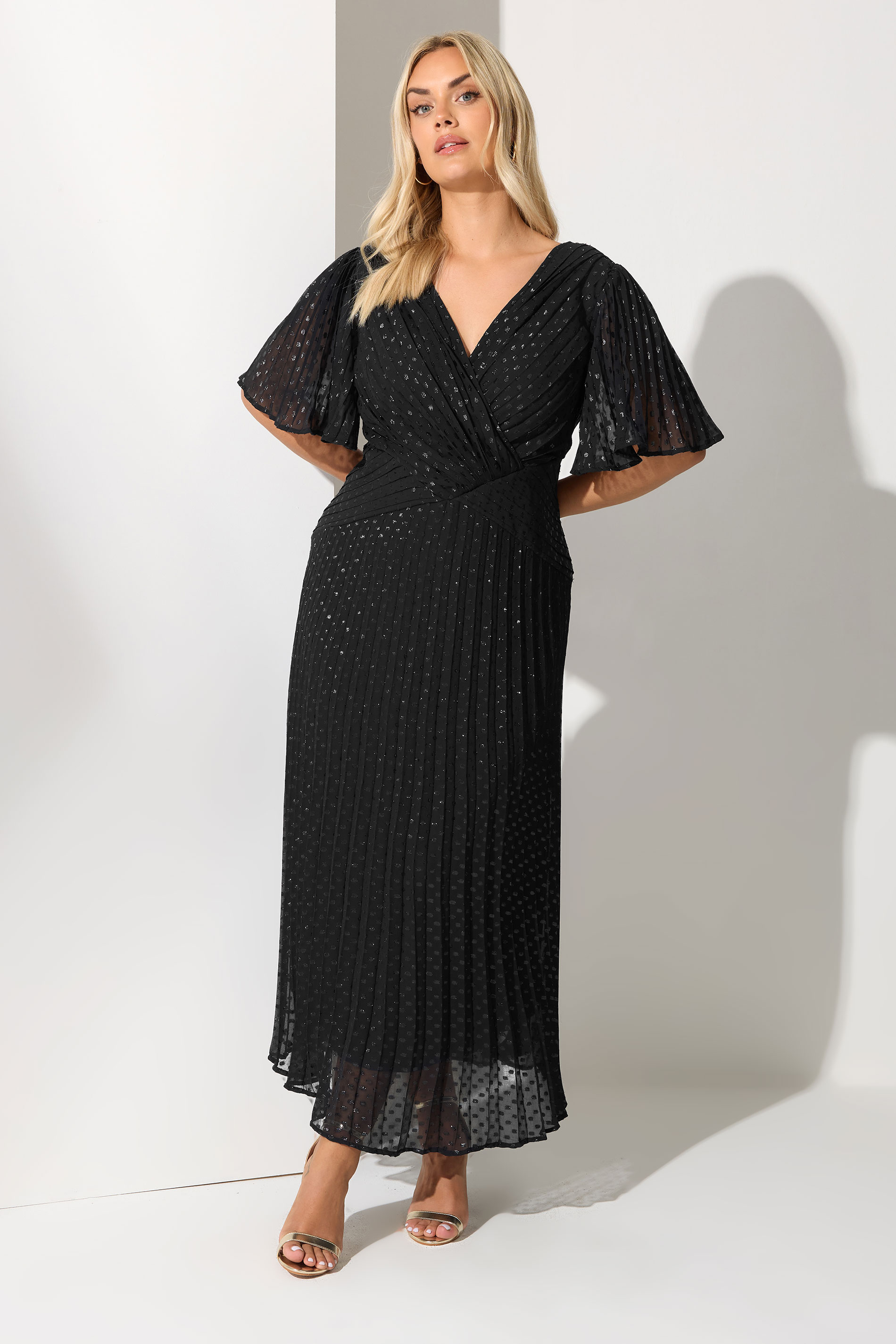 YOURS LONDON Plus Size Black Metallic Dobby Pleated Wrap Dress | Yours Clothing 1