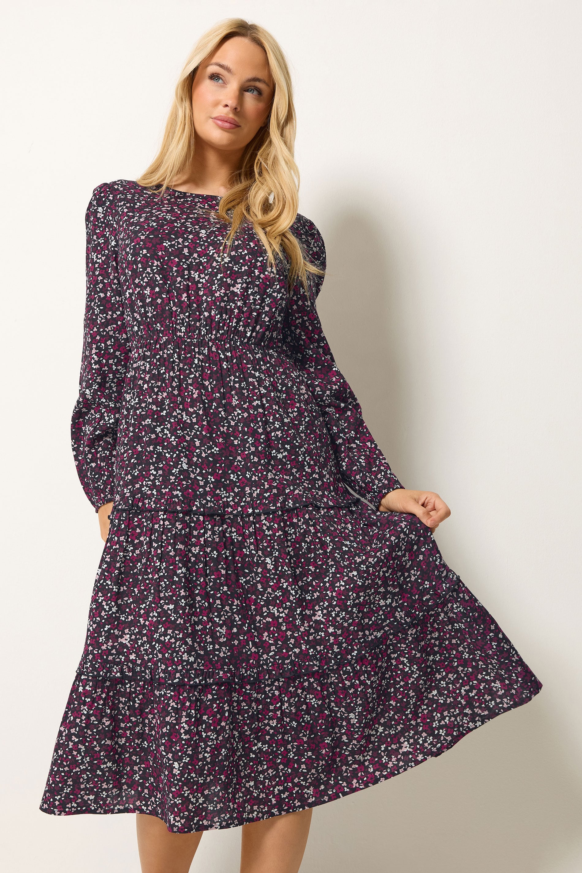 M&Co Berry Purple Ditsy Floral Print Ruffle Midi Dress | M&Co 3