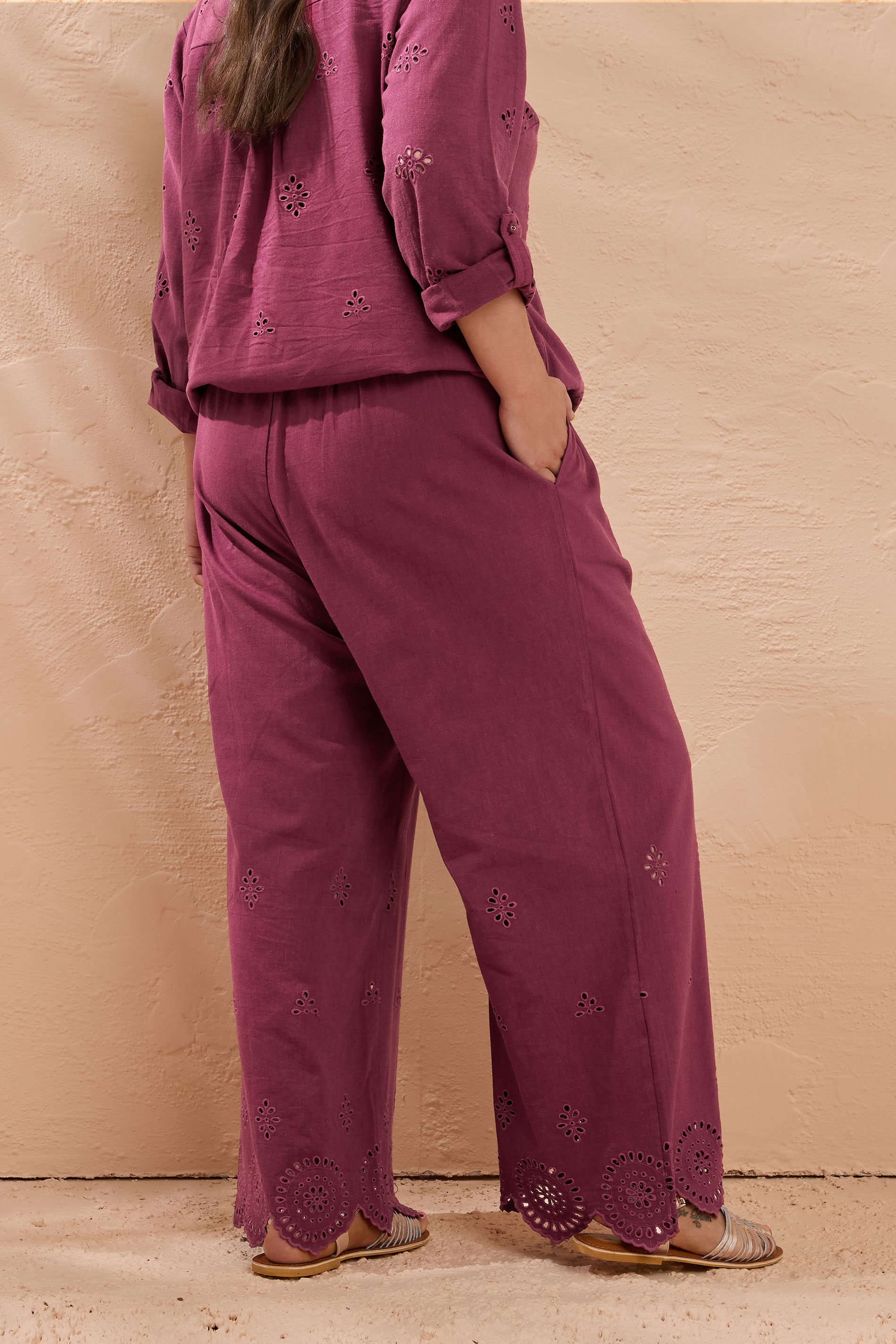 EVANS Plus Size Burgundy Red Broderie Hem Linen Trousers | Evans 5