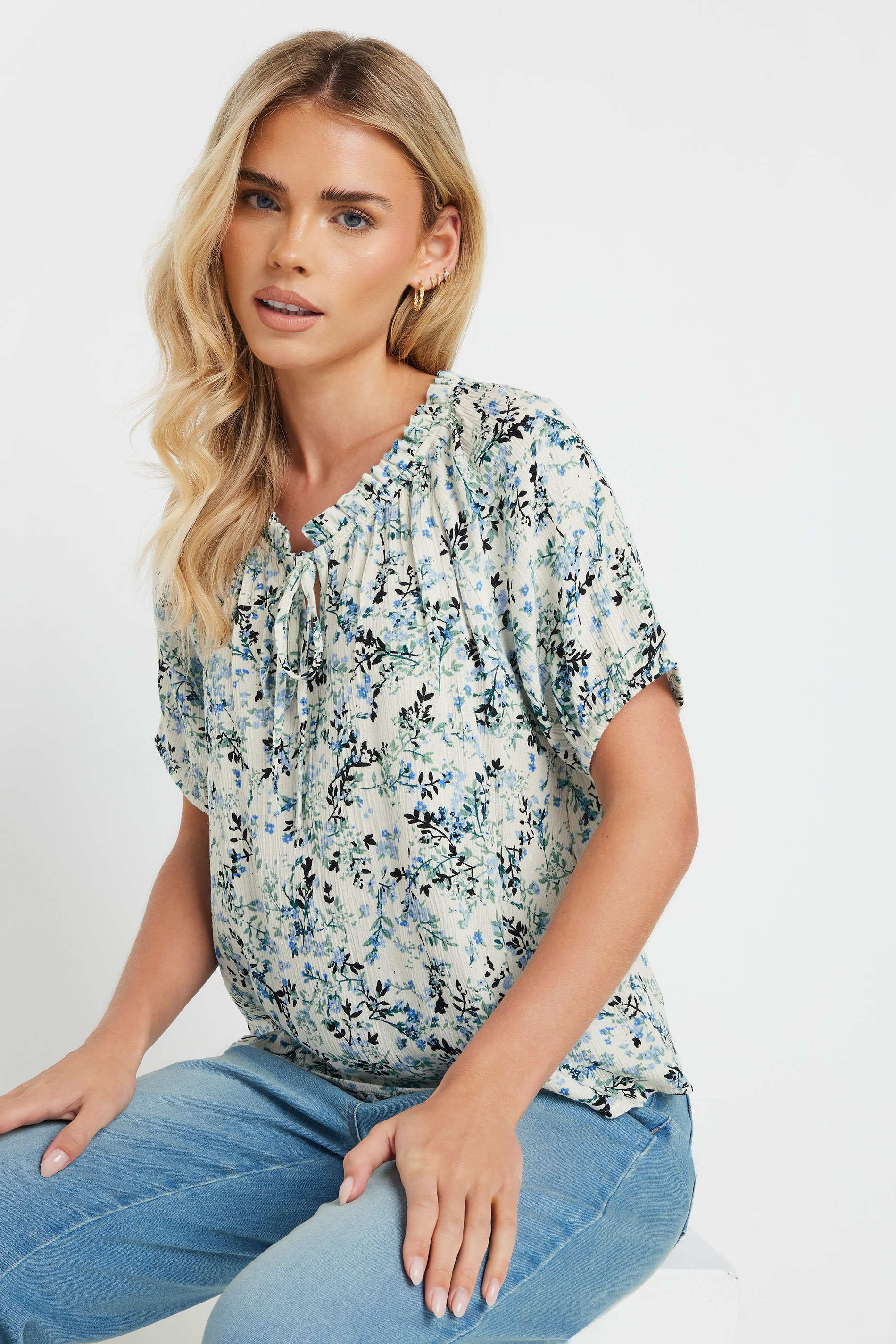 M&Co Petite White Floral Tie Neck Blouse | M&Co 5
