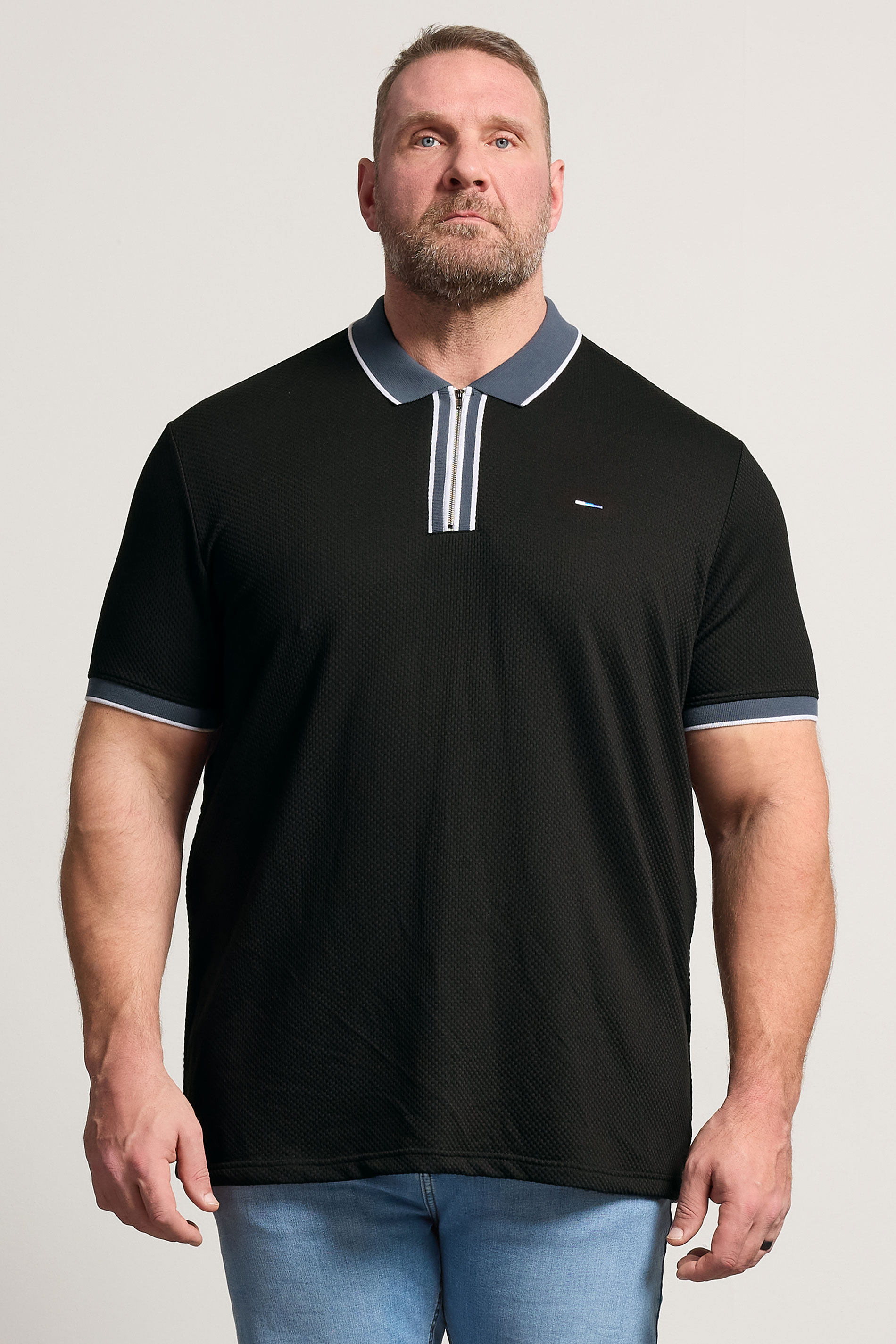 BadRhino Big & Tall Navy Blue Waffle Texture Zip Polo Shirt | BadRhino 1