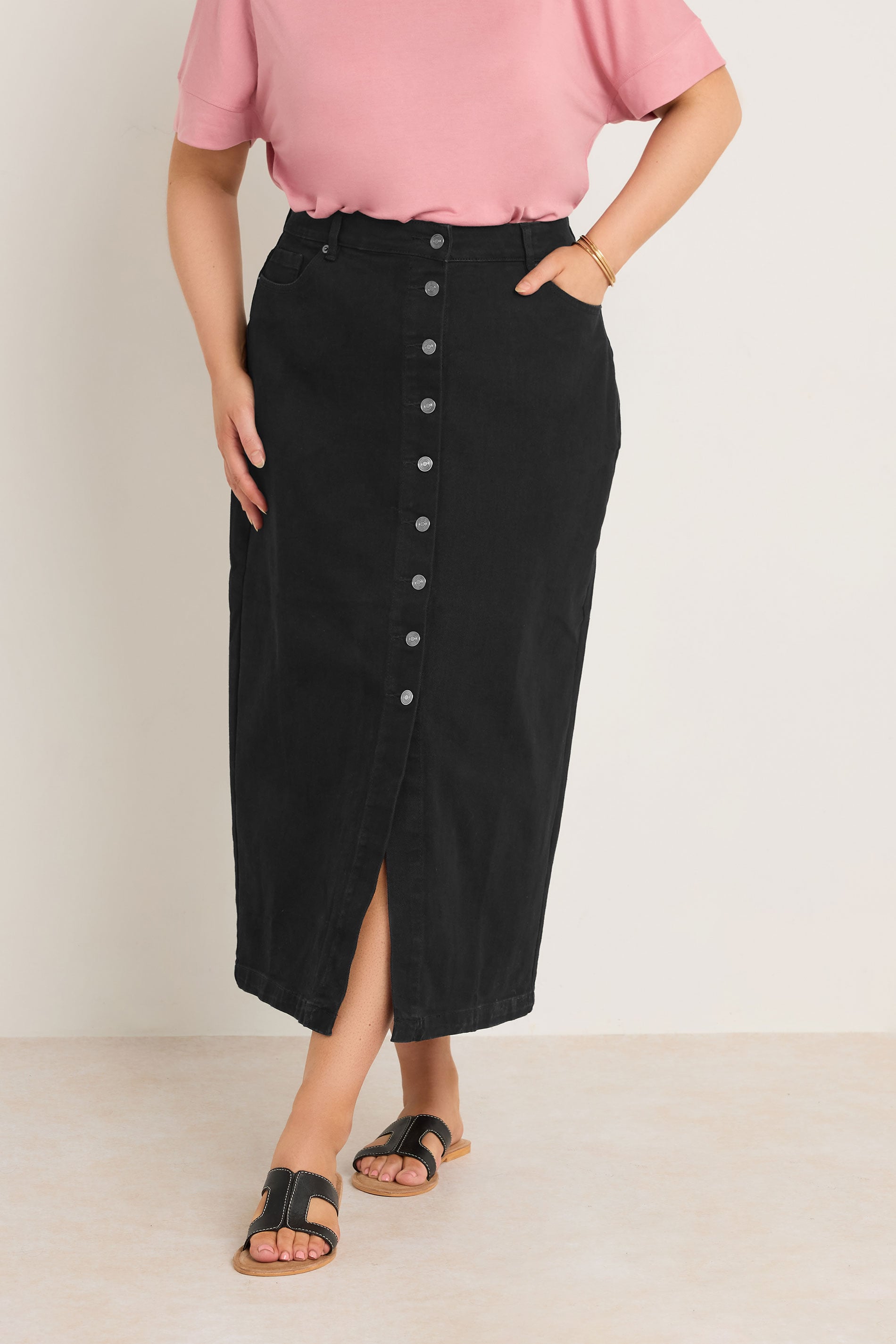 EVANS Plus Size Black Button Through Denim Maxi Skirt | Evans 3