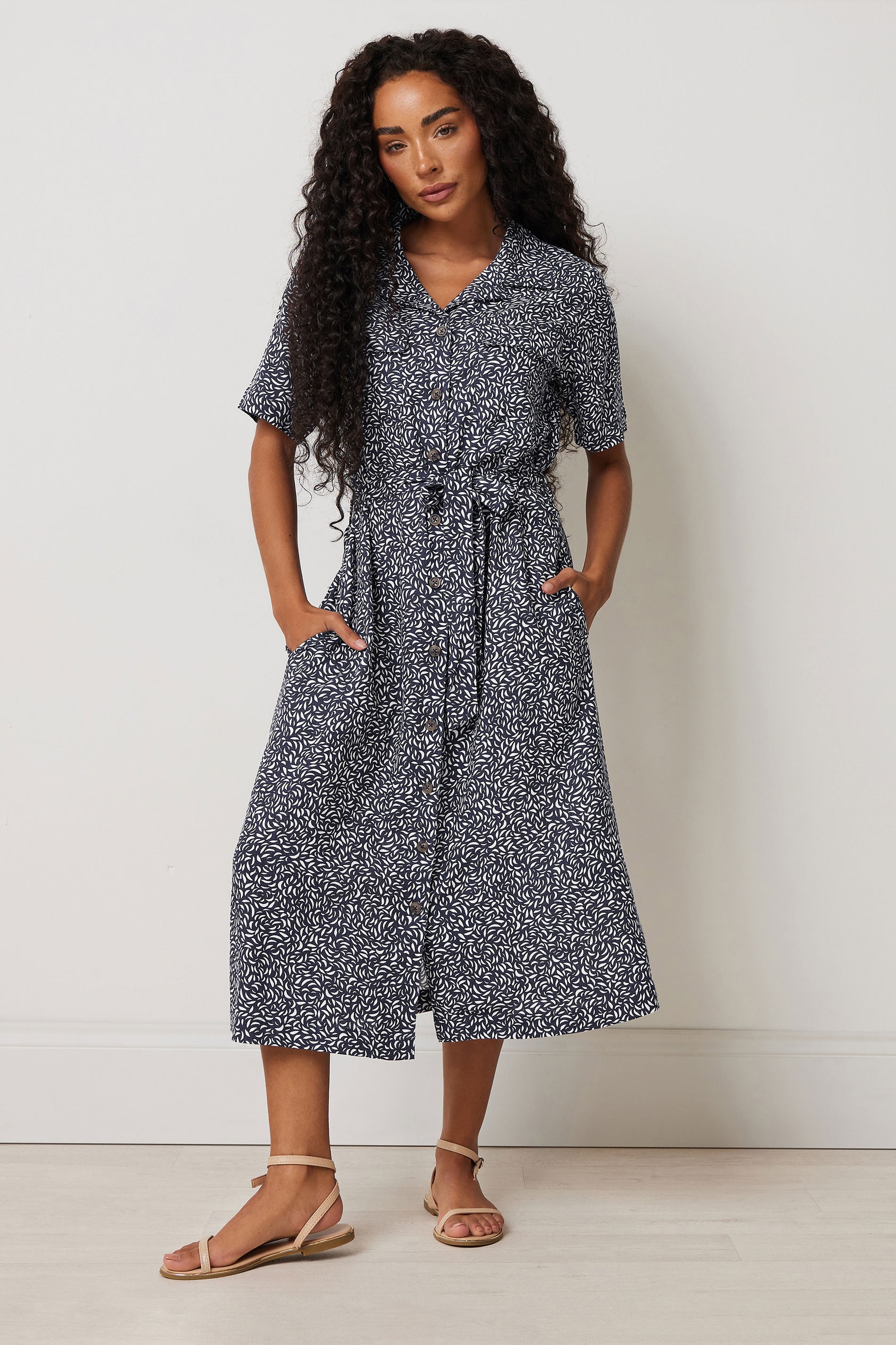 M&Co Petite Navy Blue Abstract Print Linen Shirt Dress | M&Co 2