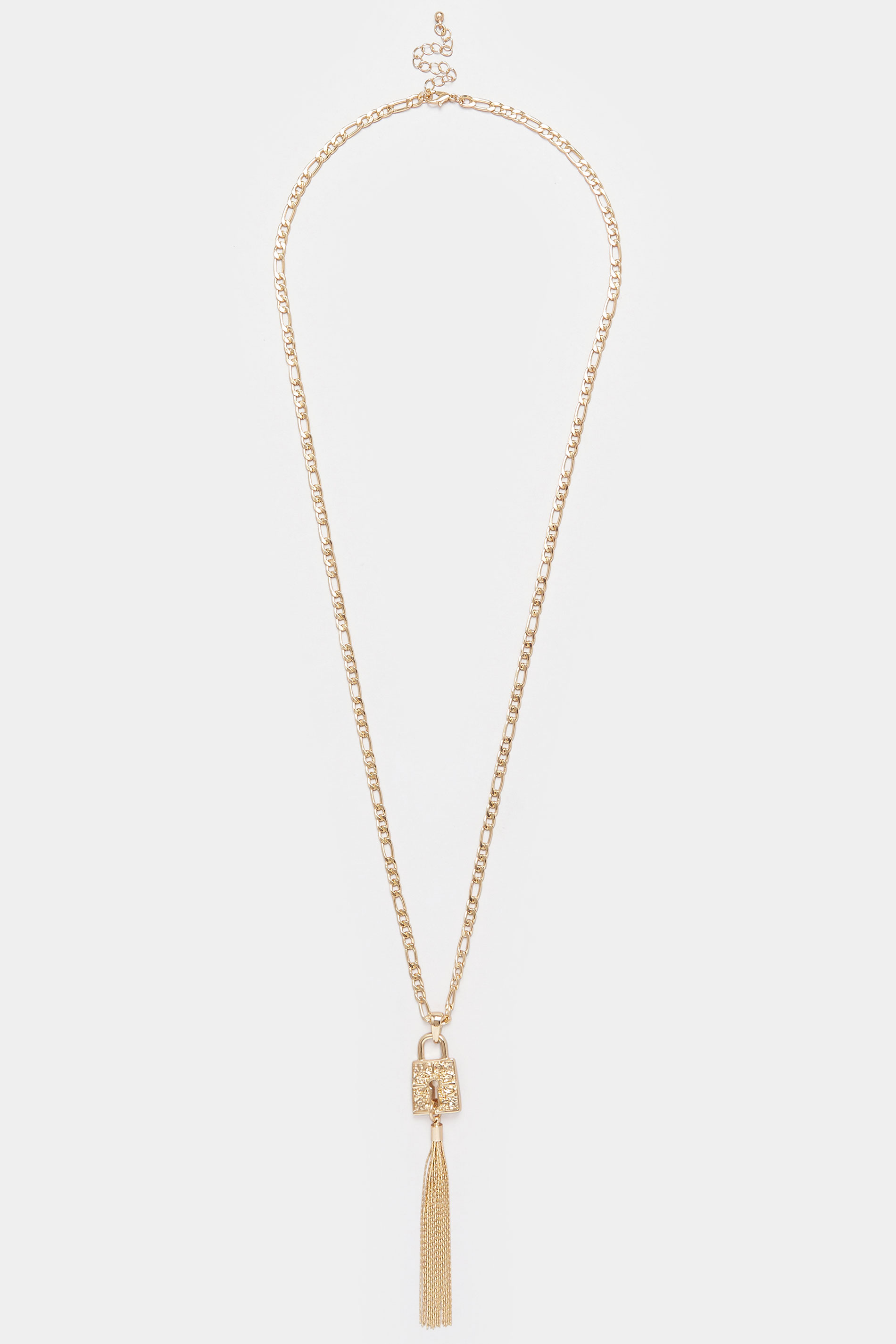 Gold Tone Long Padlock Tassel Necklace | Yours Clothing 3