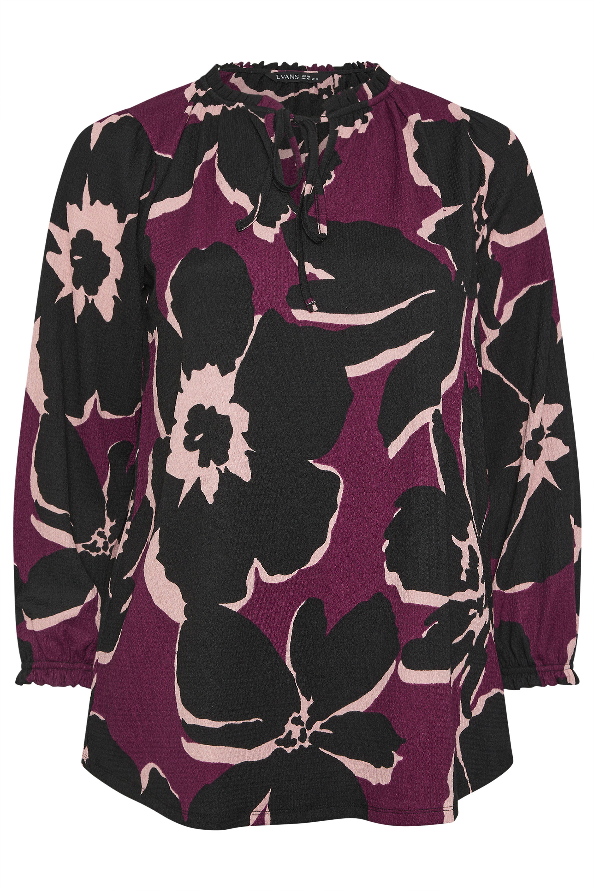 EVANS Plus Size Purple & Black Floral Tie Neck Blouse | Evans 5