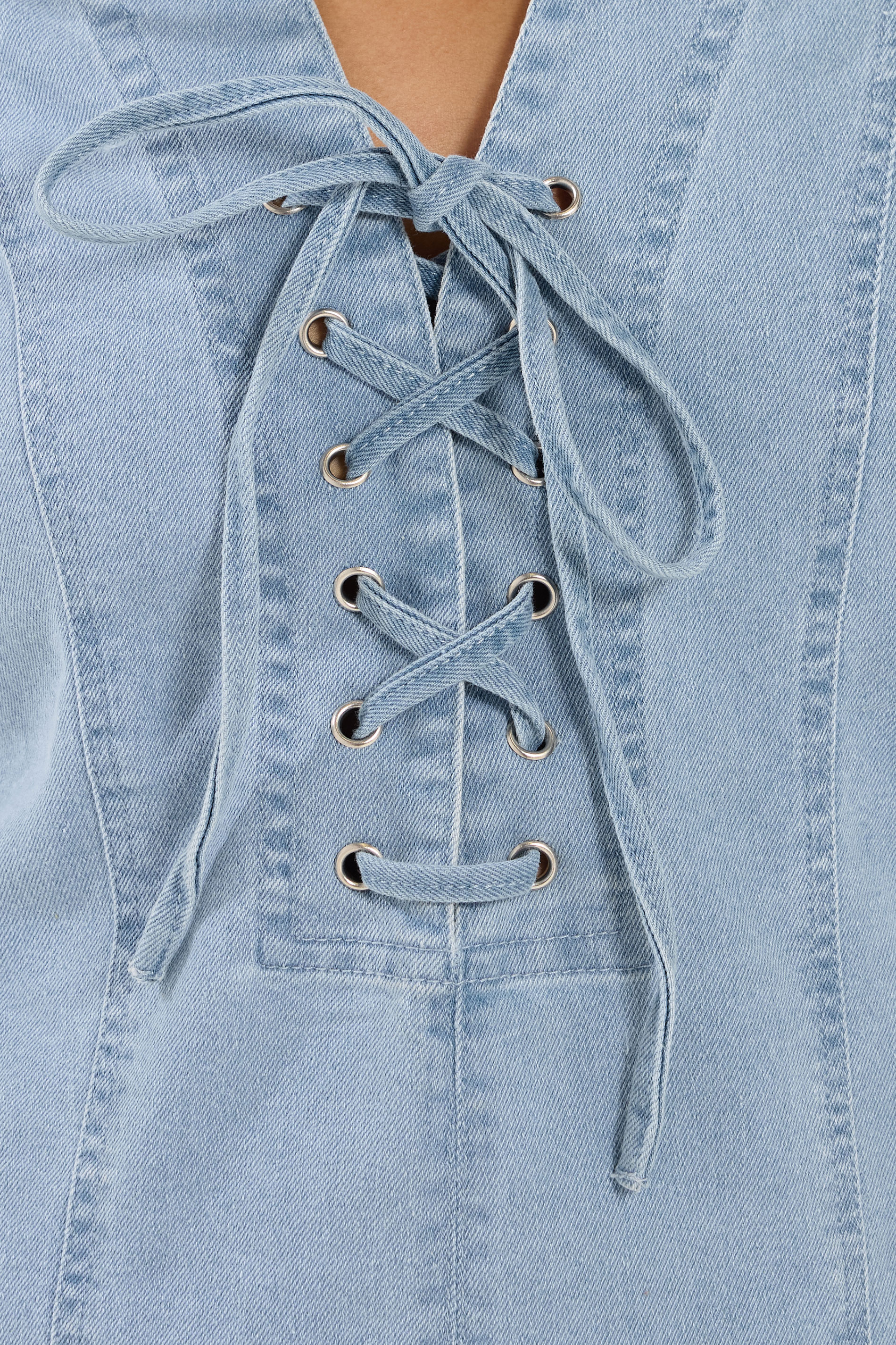 PixieGirl Petite Women's Light Blue Lace Up Denim Mini Dress | PixieGirl 5