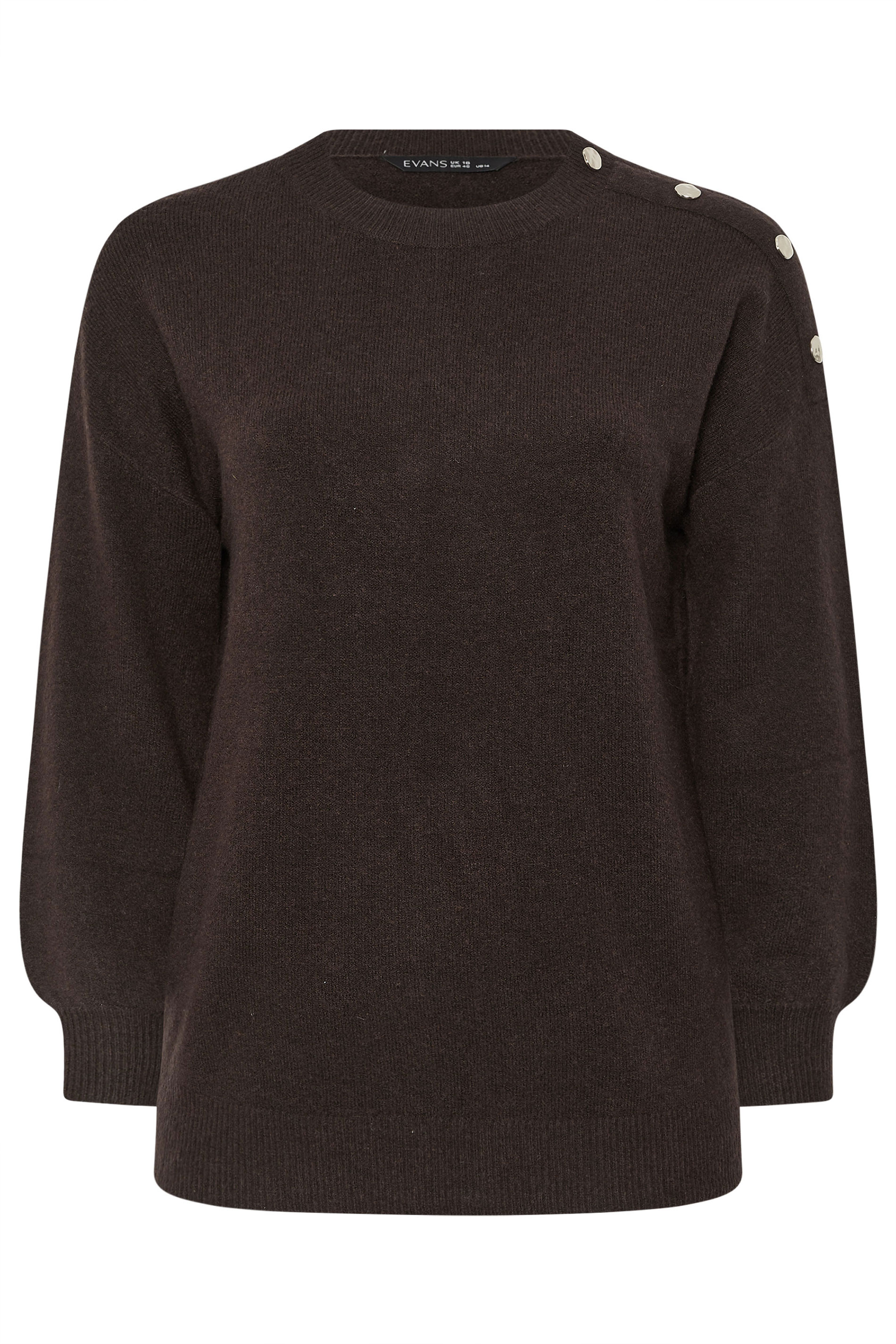 EVANS Plus Size Chocolate Brown Button Detail Jumper  5