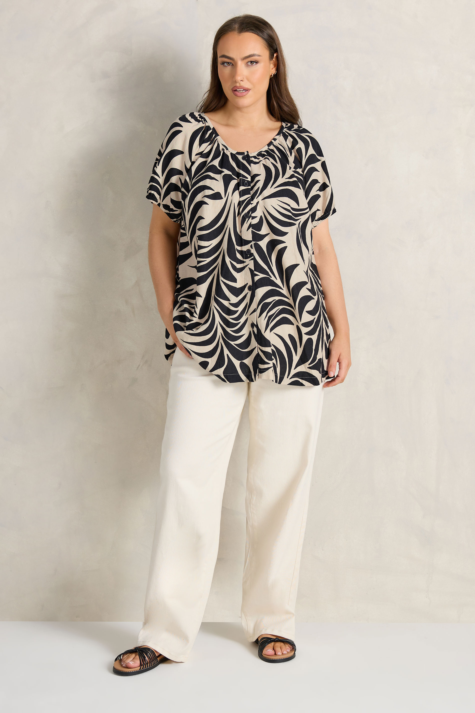EVANS Plus Size Black Premium Linen Leaf Print Blouse | Evans 2