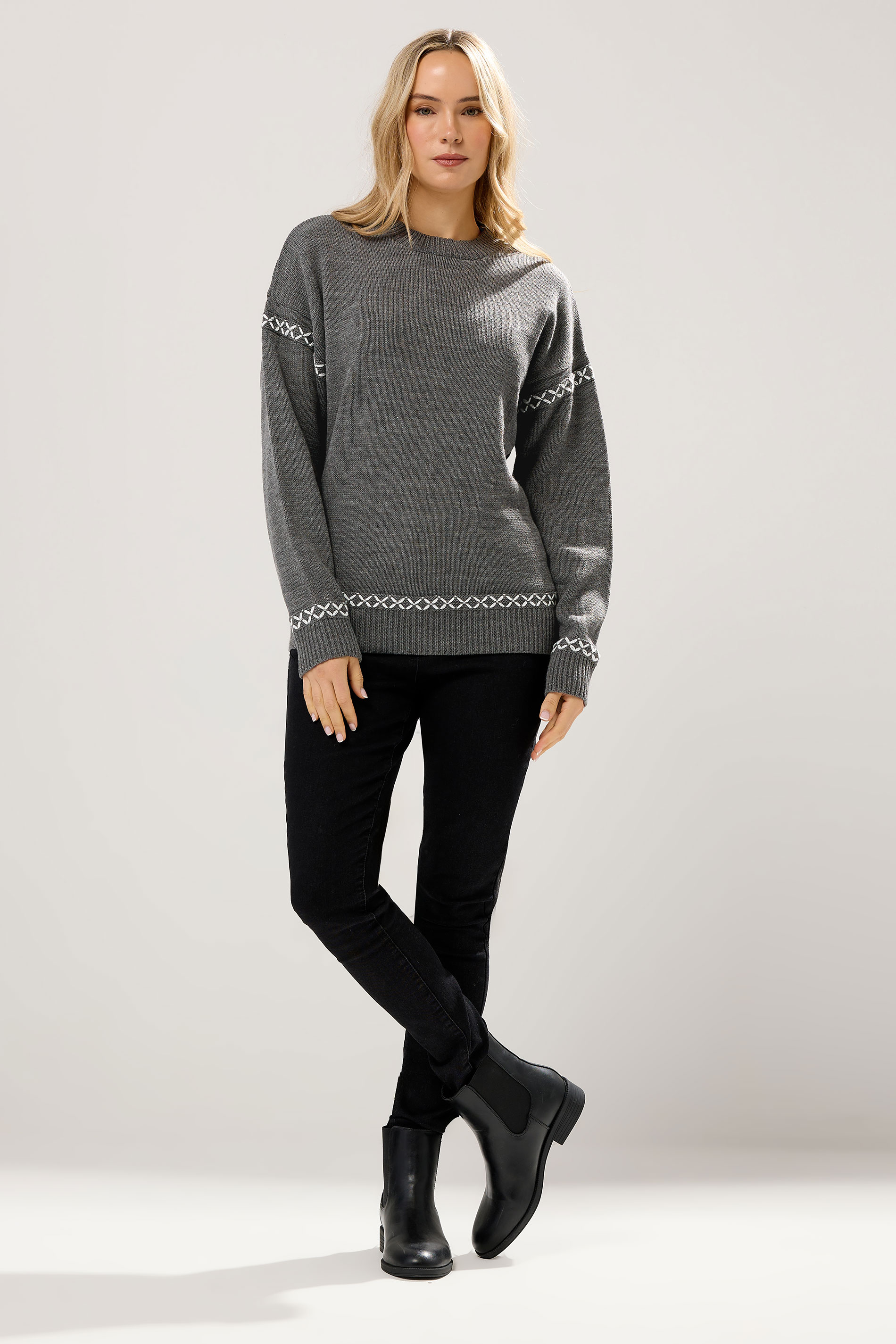 LTS Tall Grey Cross Stitch Knitted Jumper | Long Tall Sally 1
