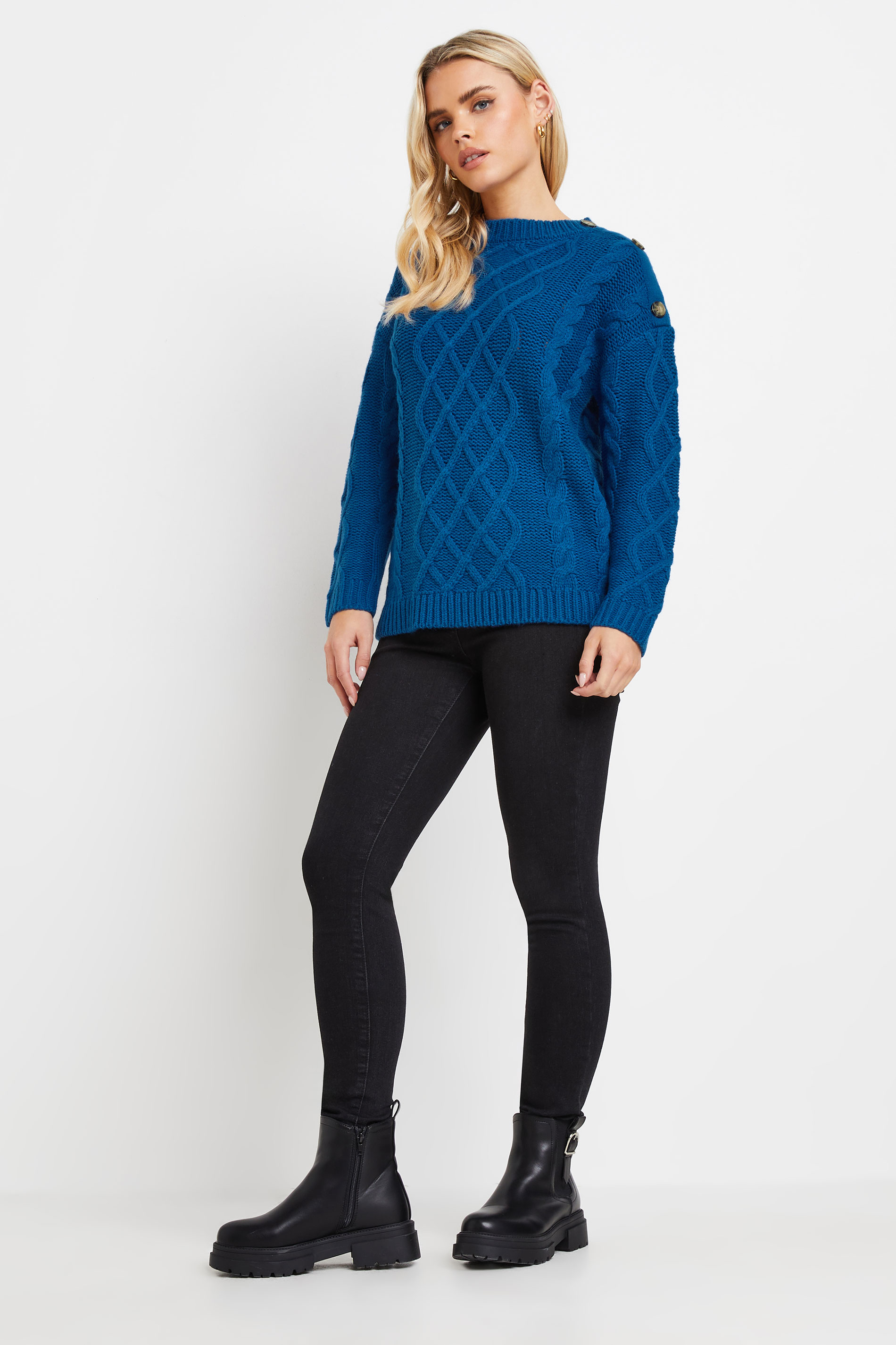 PixieGirl Petite Women's Royal Blue Cable Knit Button Jumper | PixieGirl 1