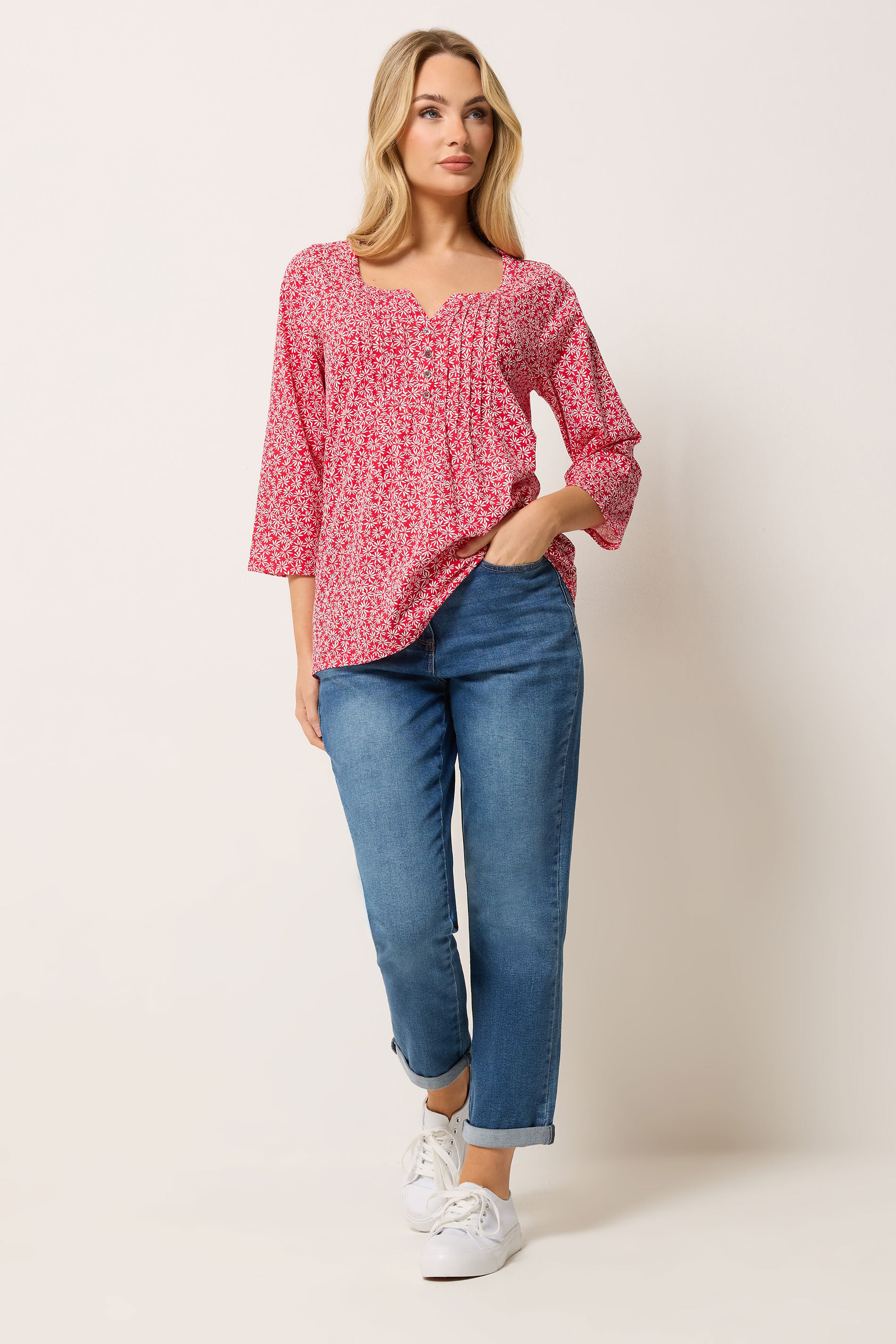 M&Co Red Floral Henley Top | M&Co 1