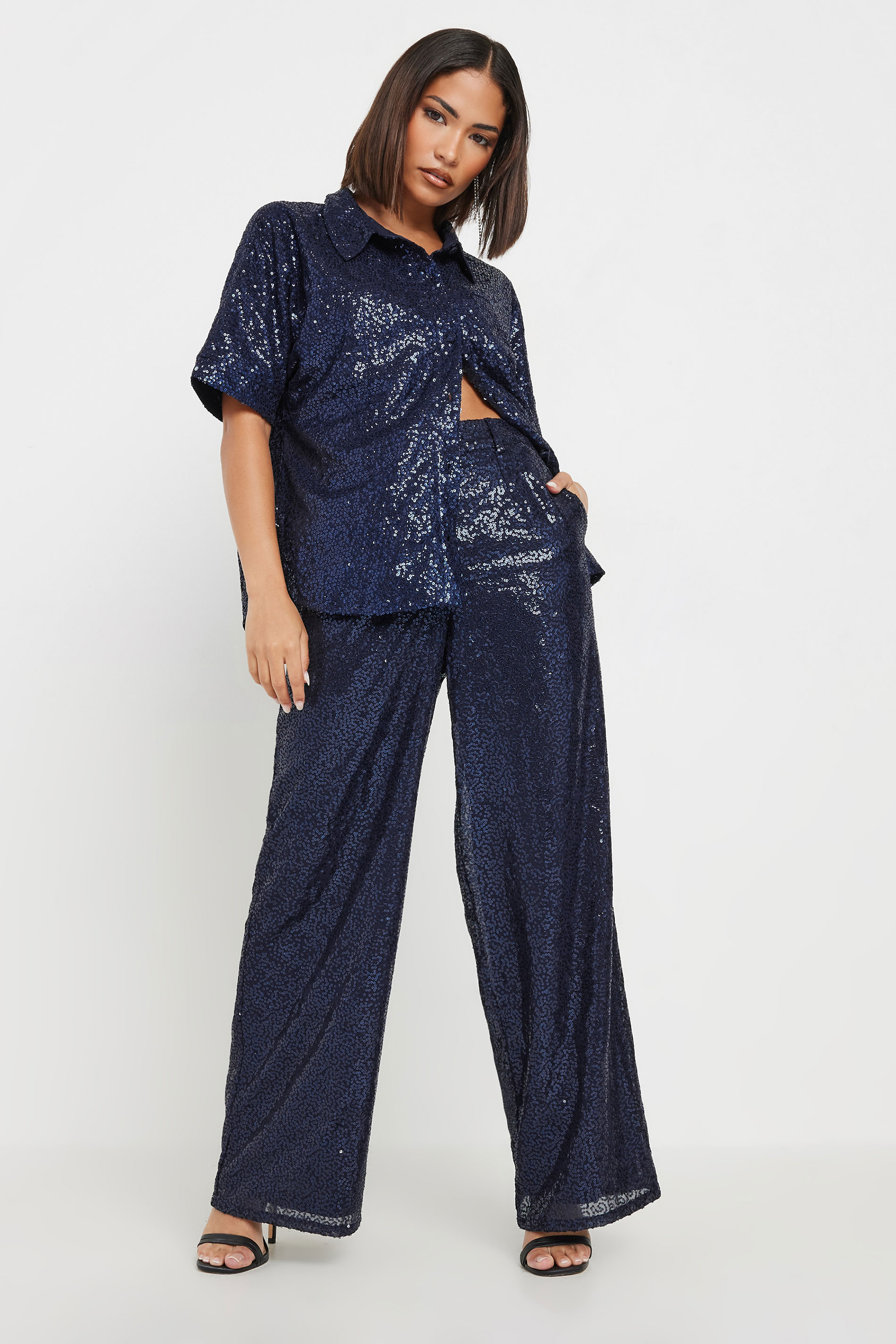 PixieGirl Petite Women's Navy Blue Sequin Embellished Wide Leg Trousers | PixieGirl 2