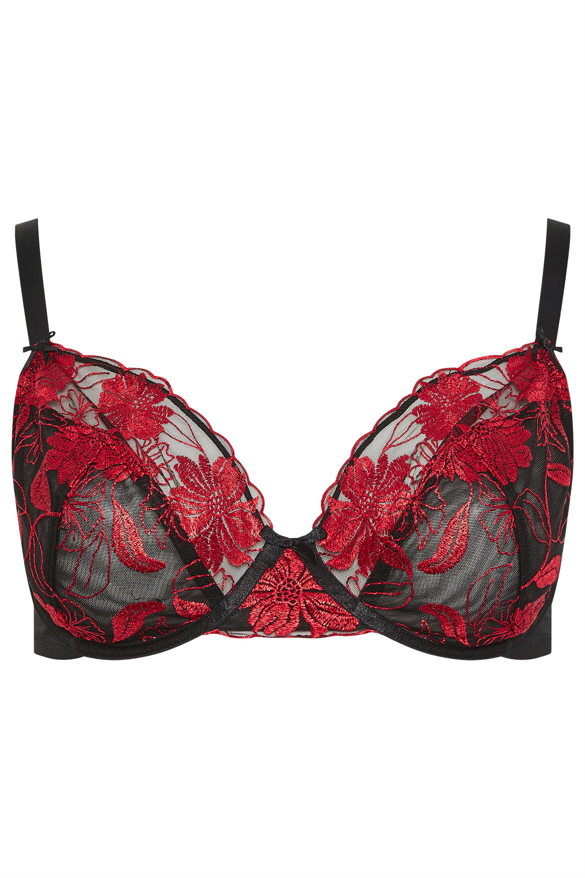 YOURS Plus Size Red Embroidered Floral Non-Padded Bra | Yours Clothing 5