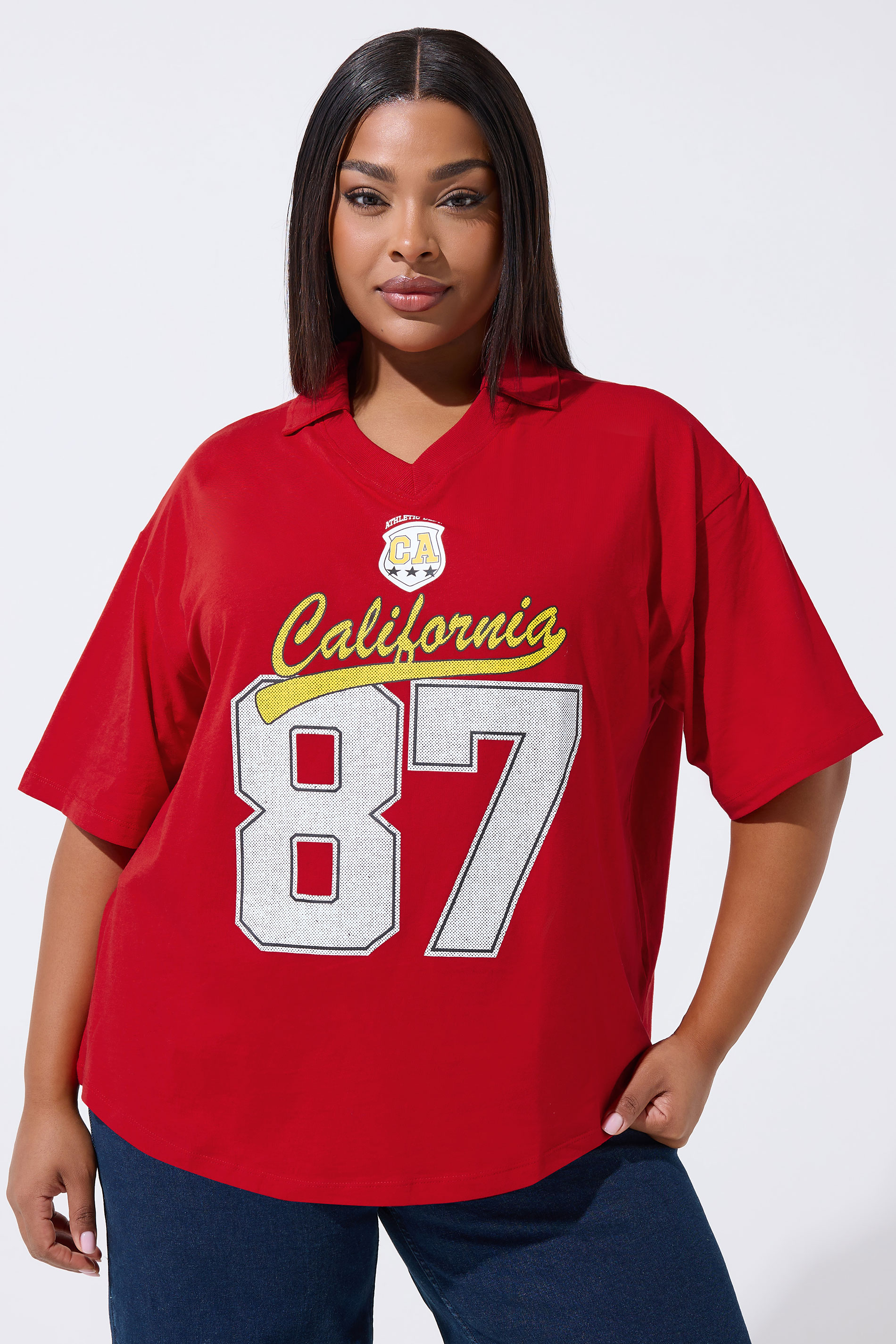 LIMITED COLLECTION Plus Size Red 'California 87' Rugby Collar Varsity Top | Yours Clothing 1