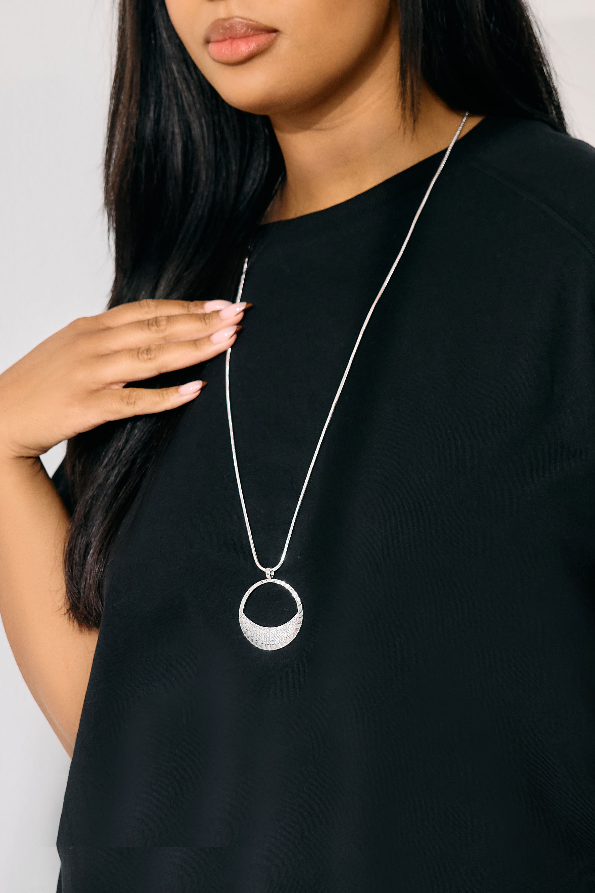 Women's Silver Yours Tone Crescent Pendant Long Necklace Size One Size