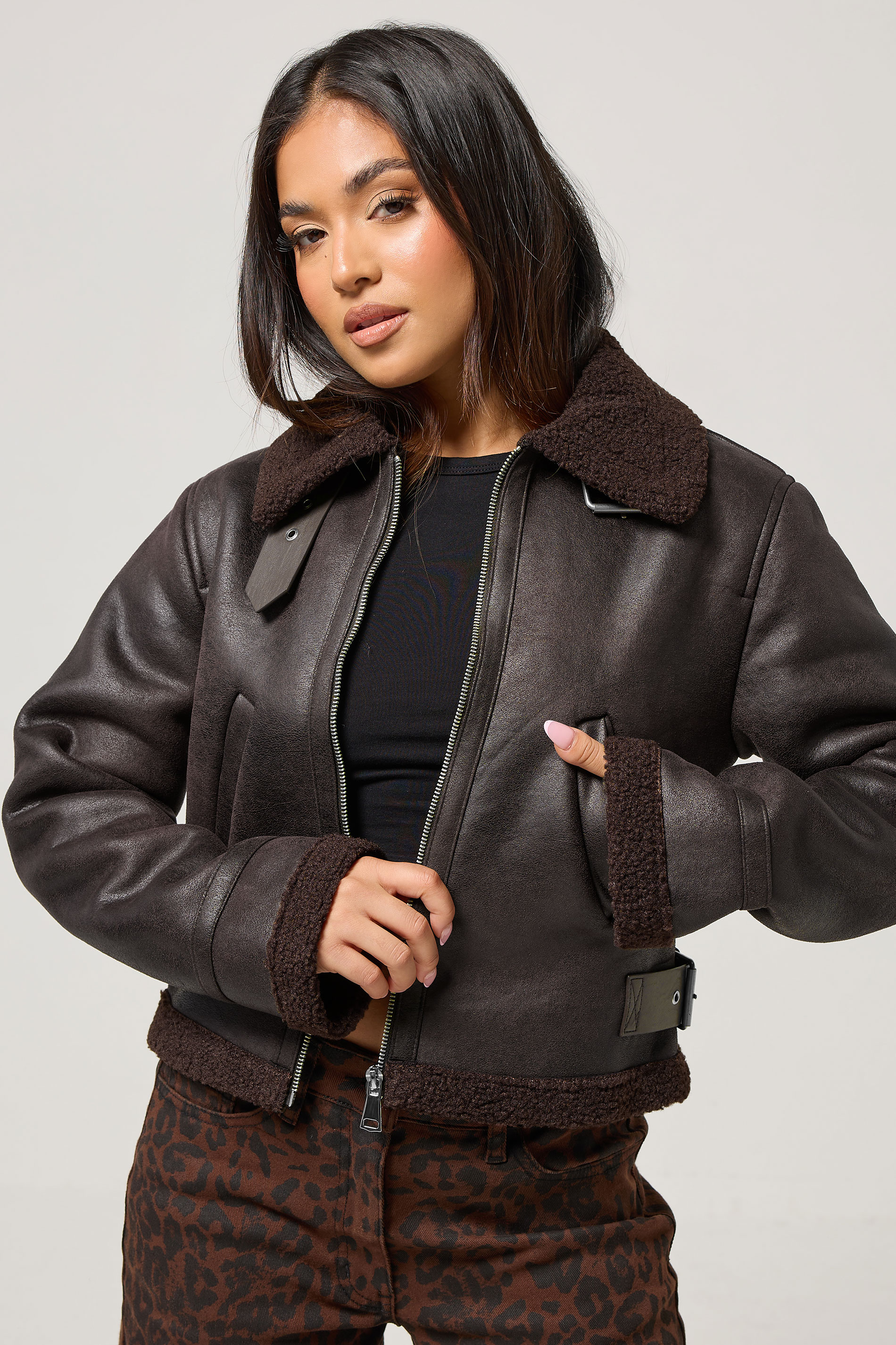 PixieGirl Petite Women's Chocolate Brown Aviator Jacket | PixieGirl 3