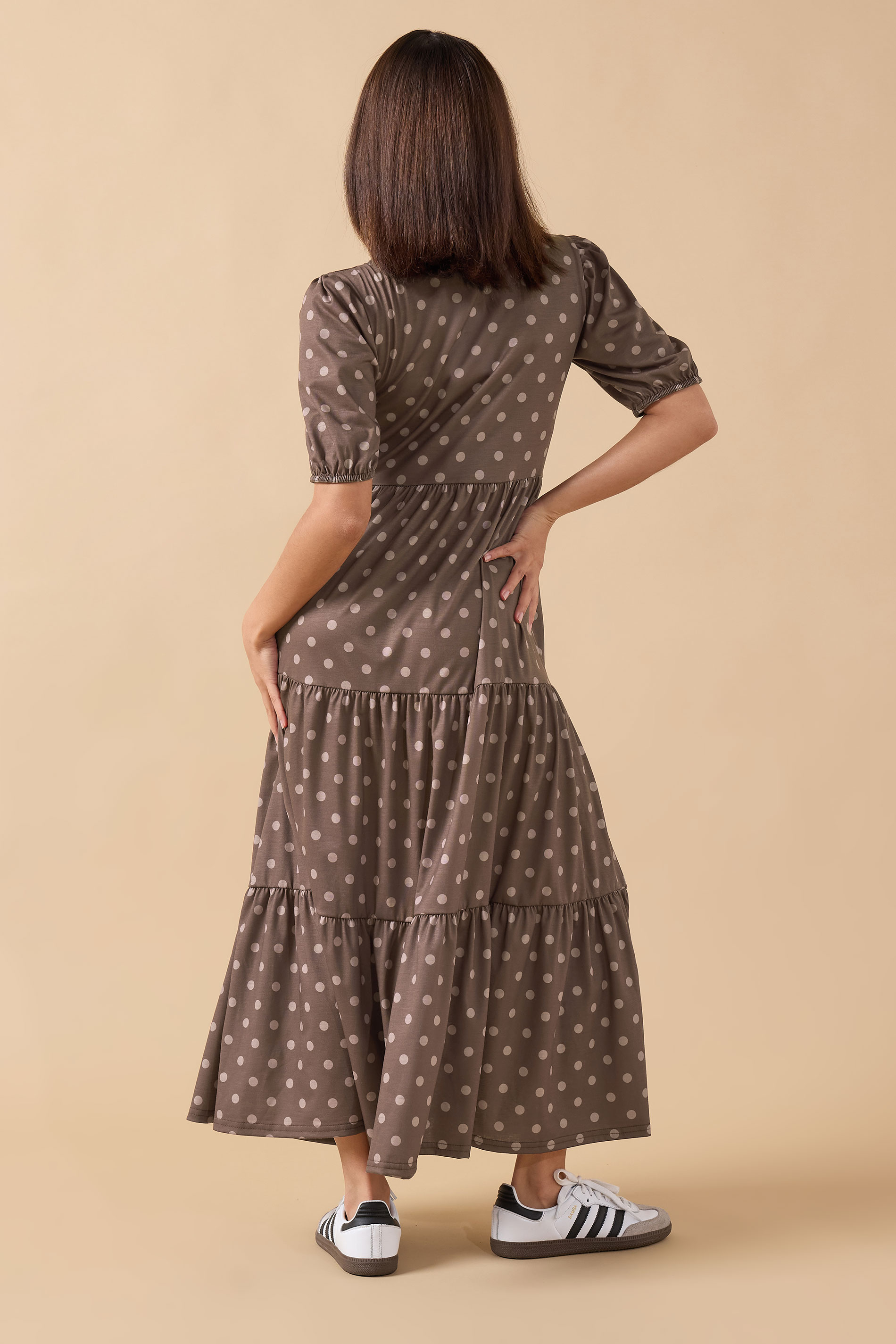 PixieGirl Petite Women's Chocolate Brown Polka Dot Tiered Dress | PixieGirl 2