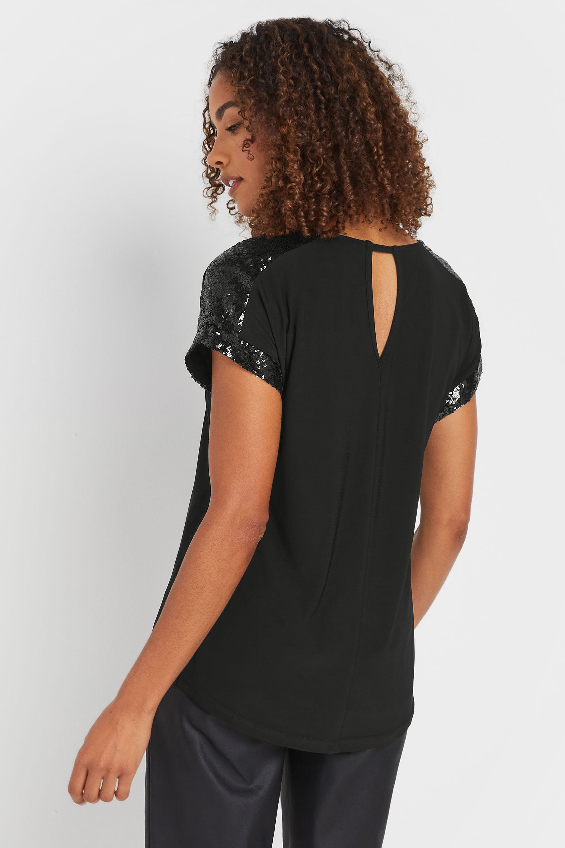 M&Co Black Sequin Trim Short Sleeve Blouse | M&Co 2