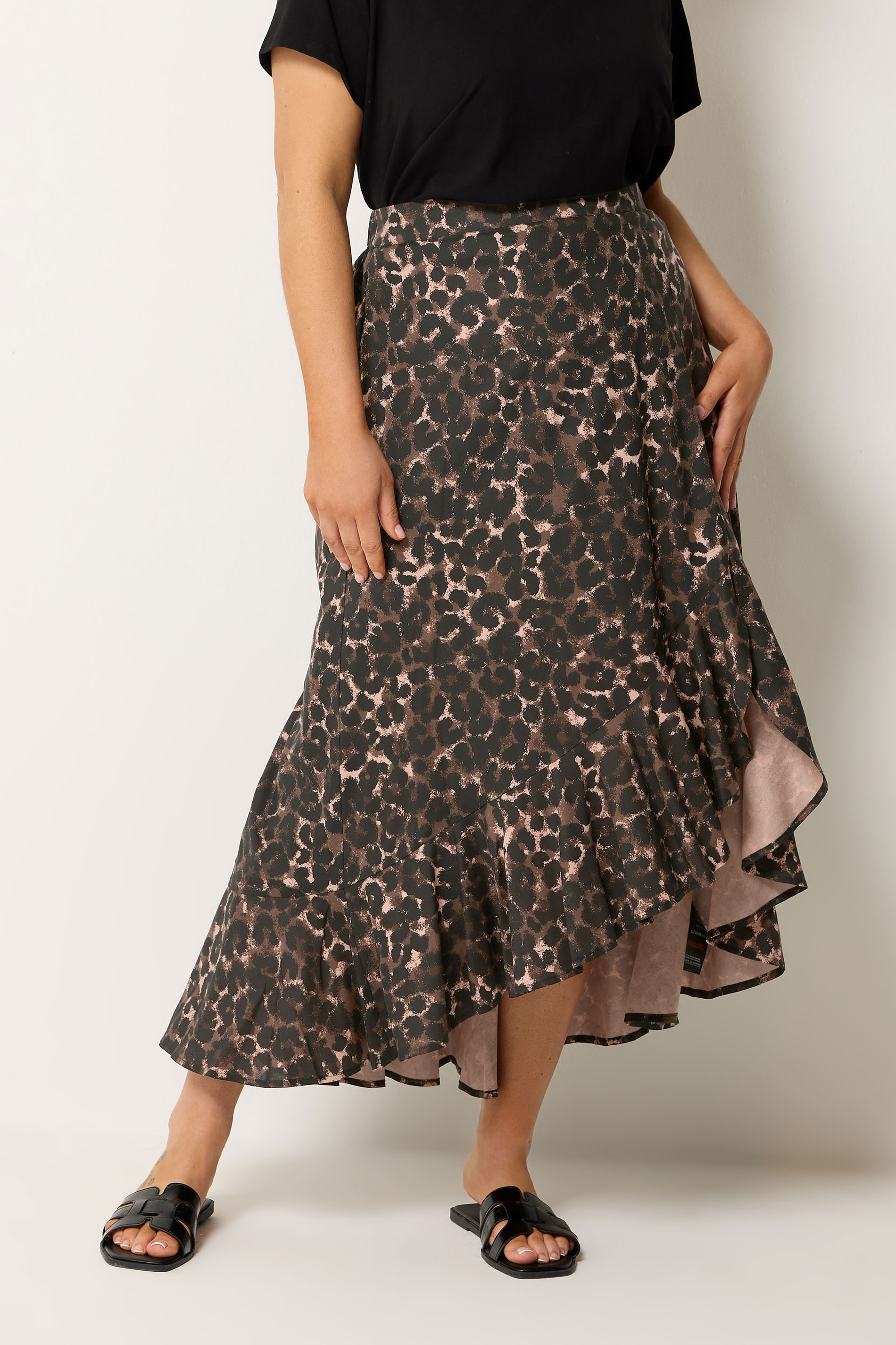 YOURS Plus Size Chocolate Brown Leopard Print Ruffle Skirt | Yours Clothing 2
