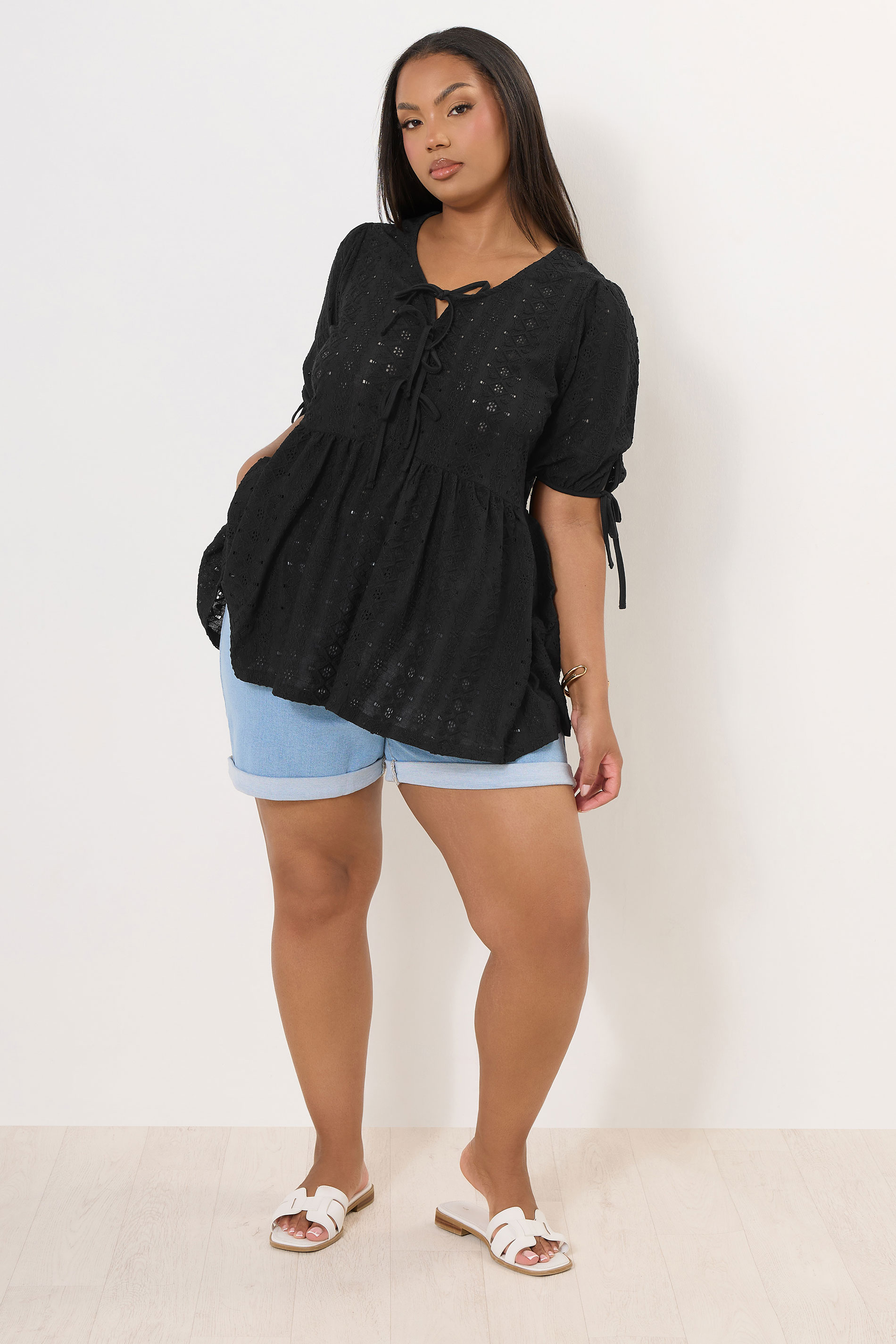 YOURS Plus Size Black Broderie Anglaise Bow Tie Front Peplum Top | Yours Clothing 2
