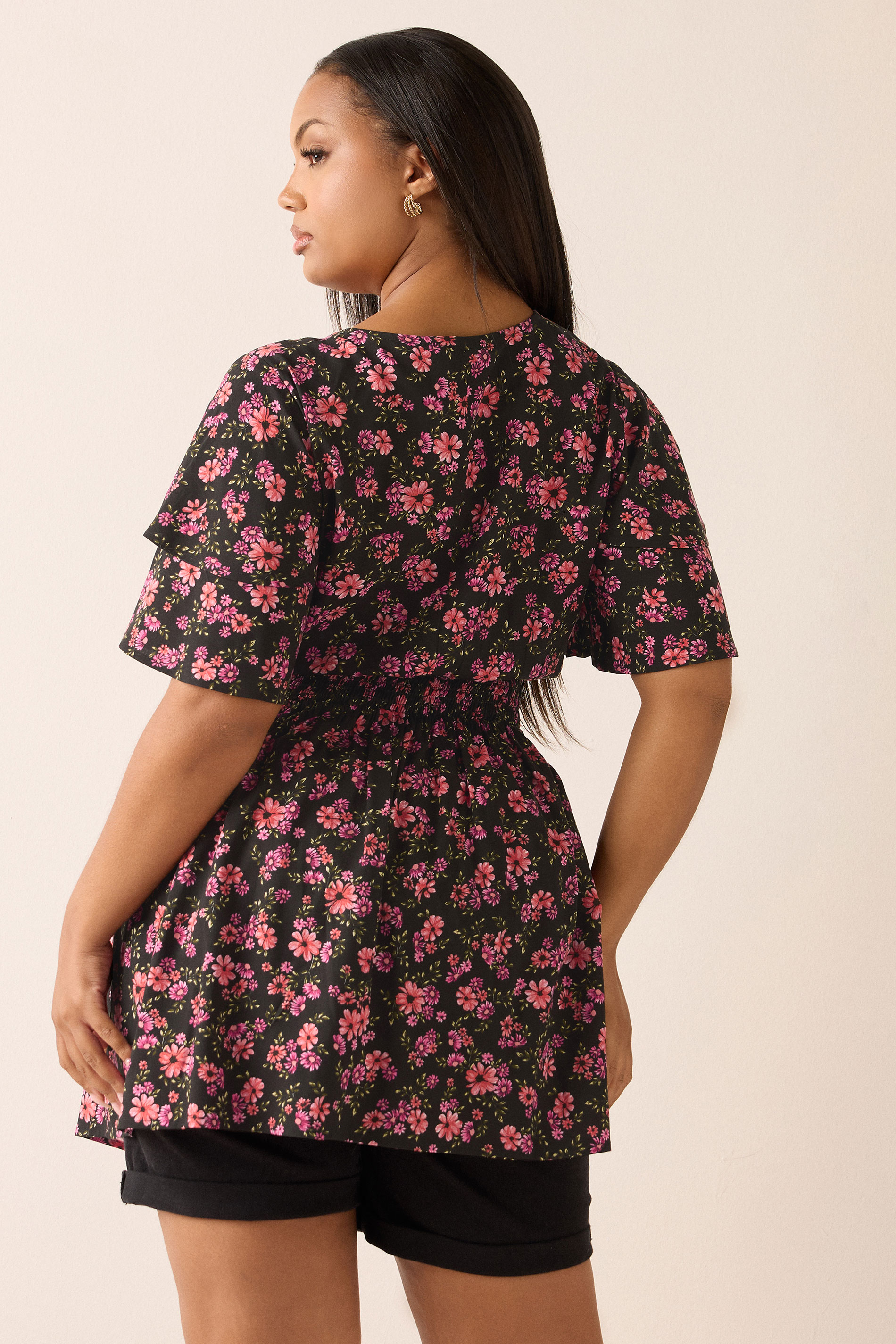 YOURS Plus Size Pink Floral Print Flutter Sleeve Top | Yours Clothing 2