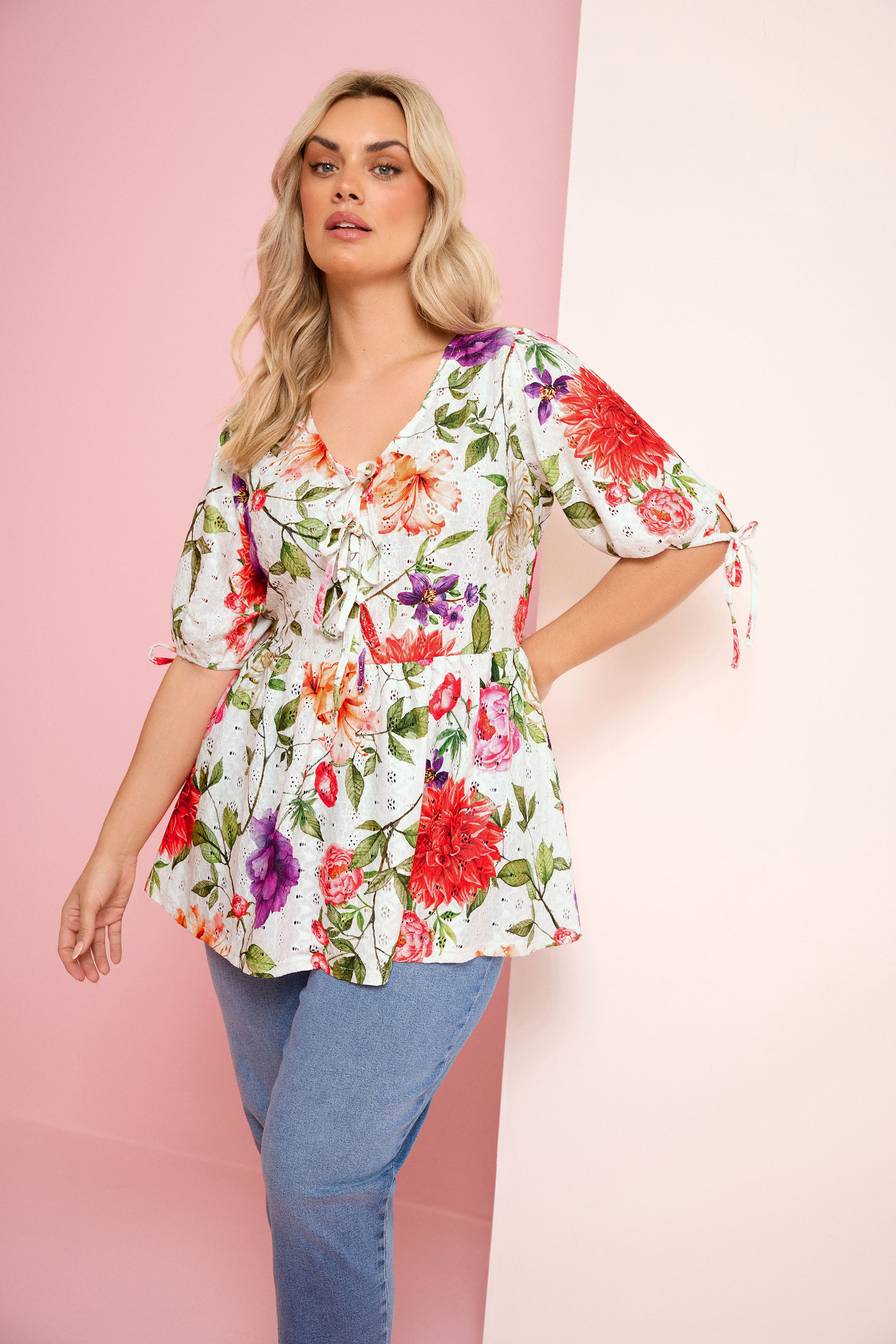YOURS Plus Size White Floral Broderie Anglaise Bow Tie Front Top | Yours Clothing 1