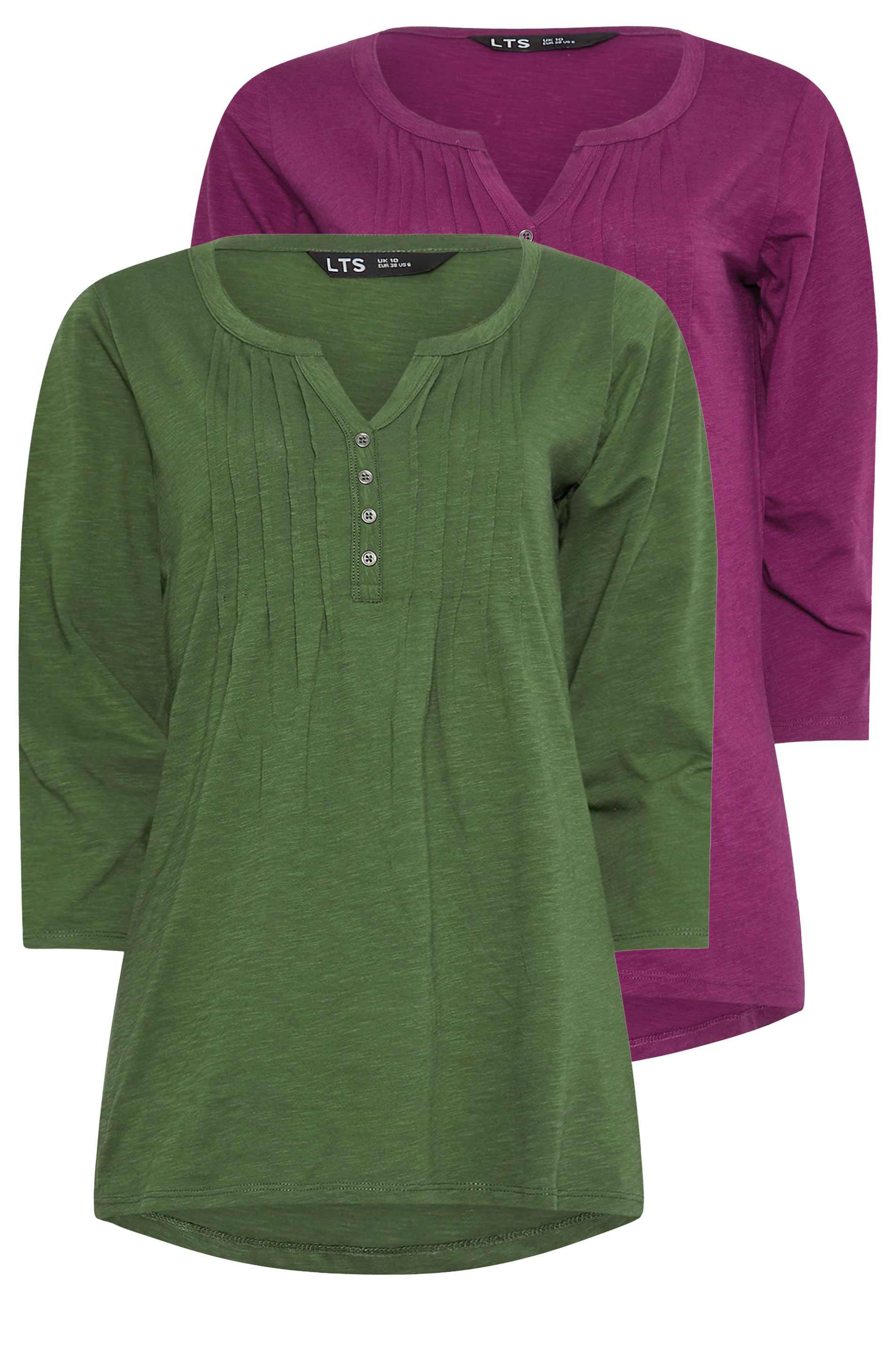 LTS Tall 2 PACK Khaki Green & Dark Pink Cotton Henley Tops | Long Tall Sally 3