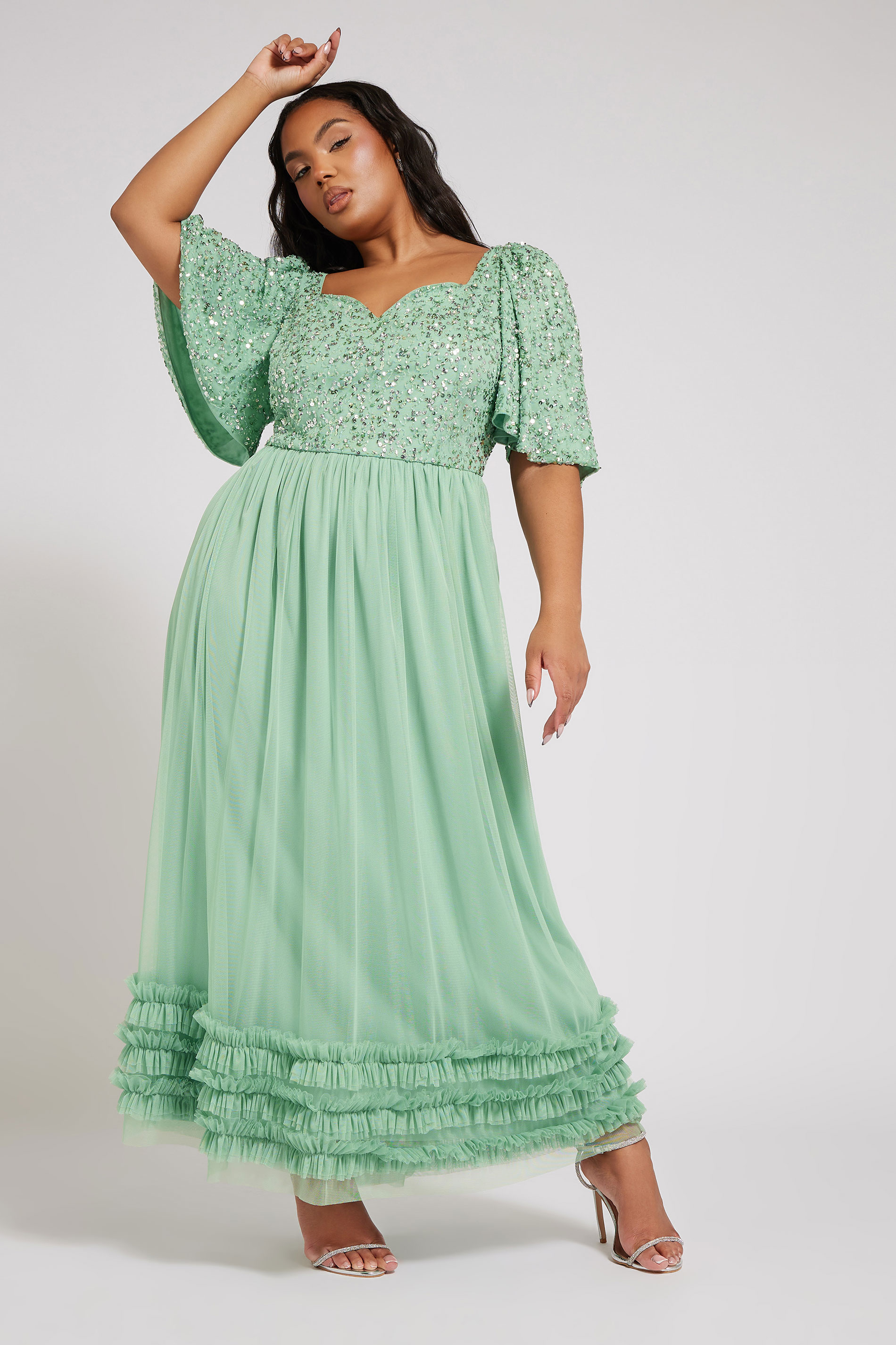 LUXE Plus Size Sage Green Embellished Ruffle Maxi Dress | Yours Clothing 3