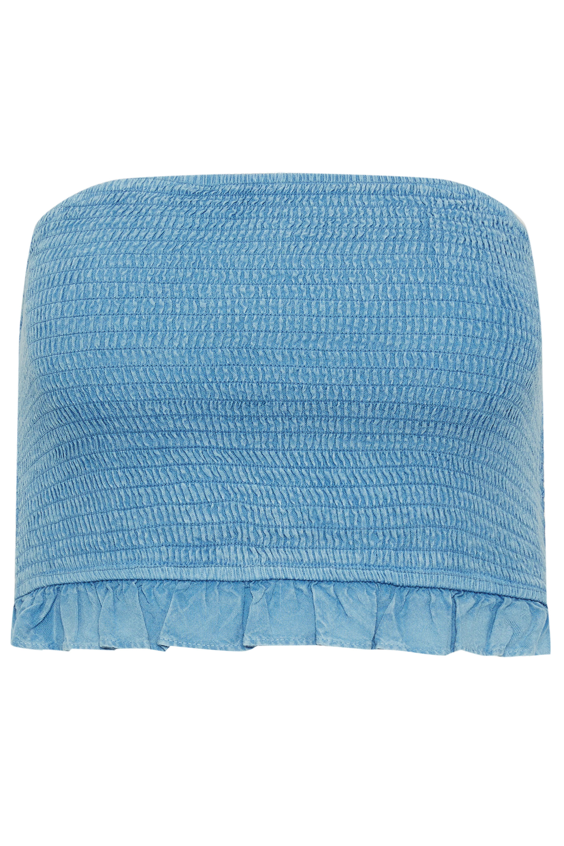 PixieGirl Petite Women's Blue Chambray Shirred Bandeau Top | PixieGirl 5