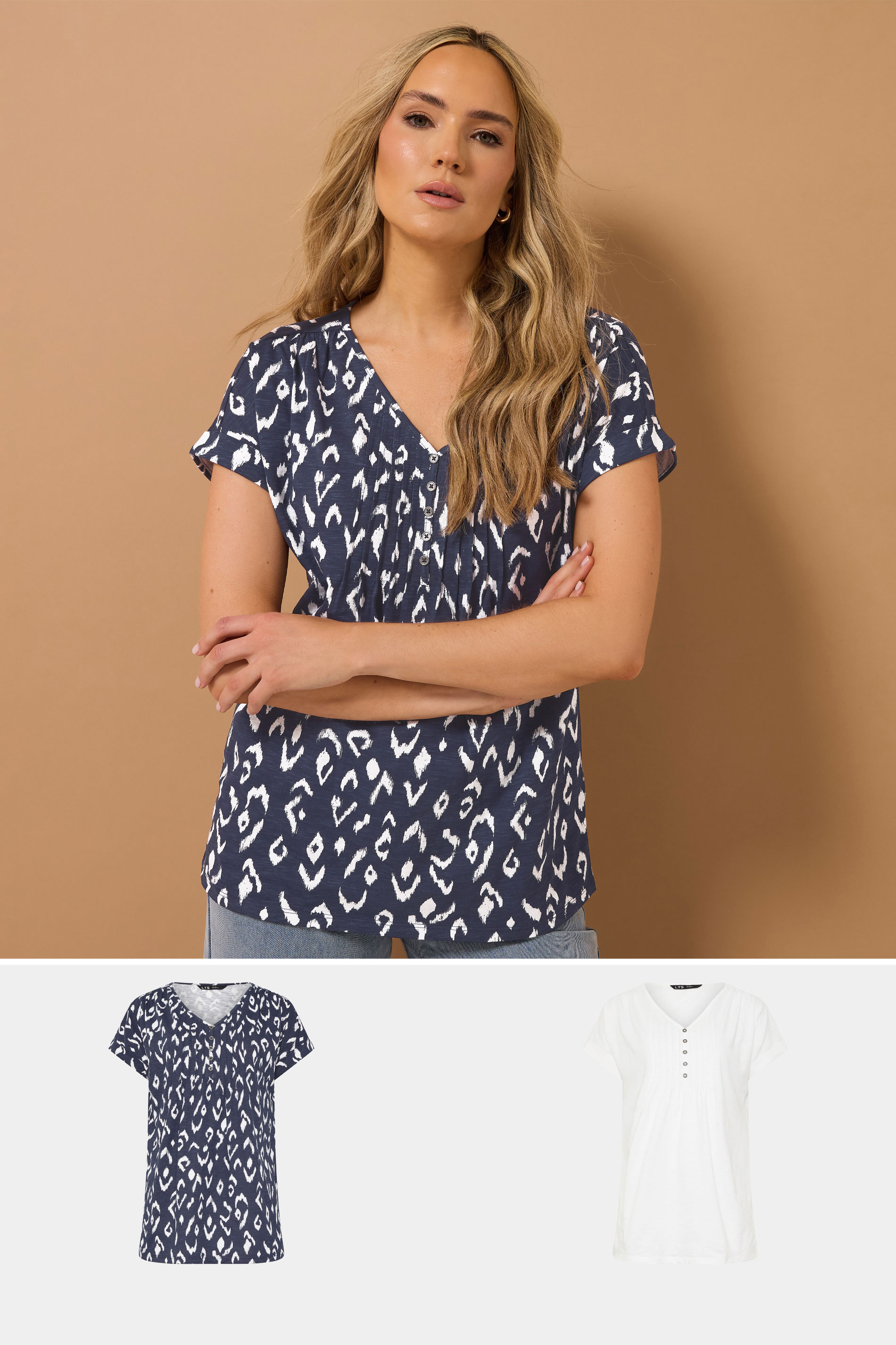LTS Tall 2 PACK Navy Blue & White Abstract Cotton Henley Tops | Long Tall Sally 3