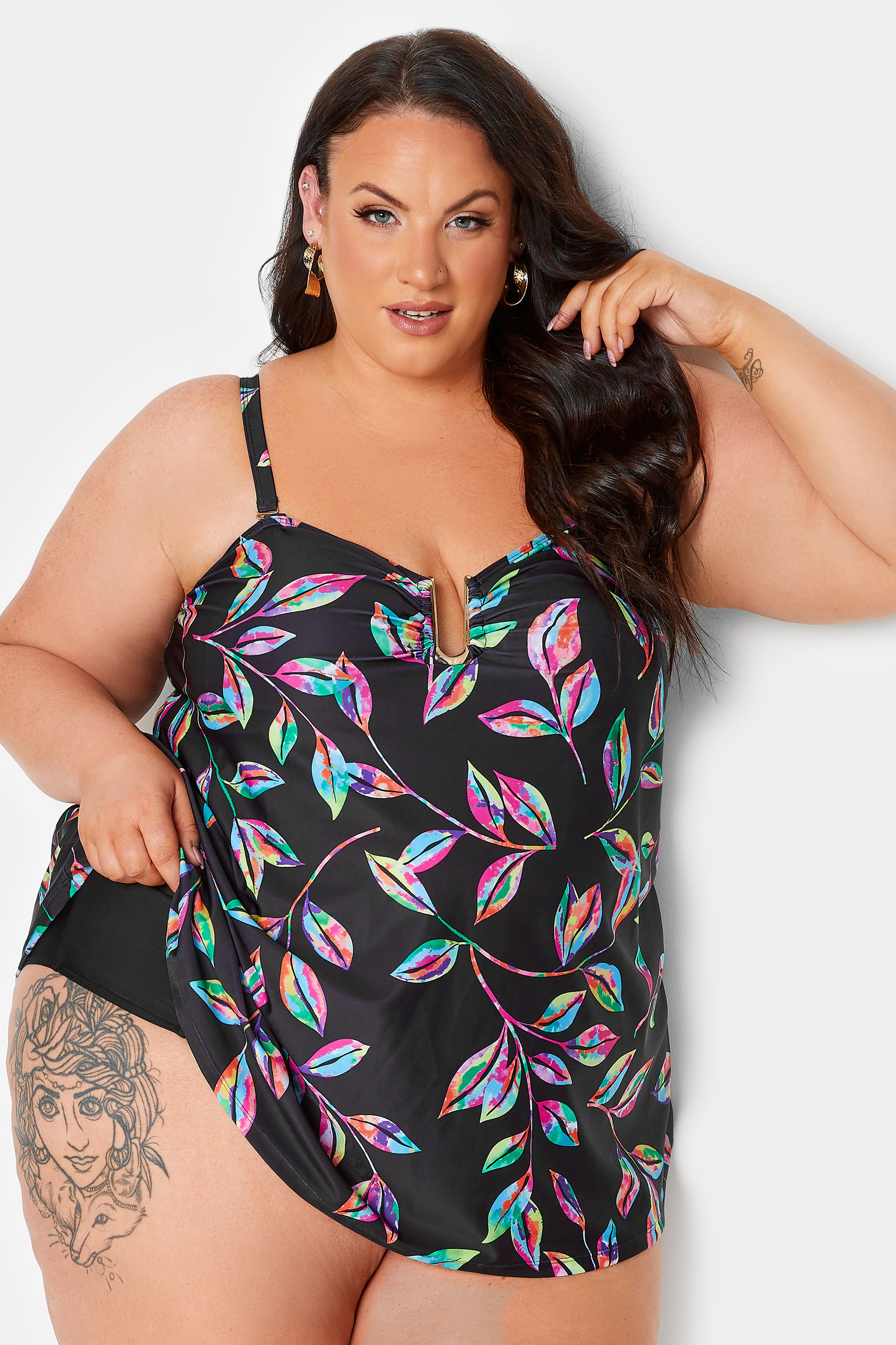 YOURS Curve Plus Size Black Tropical Print Tankini Top | Yours Clothing  2