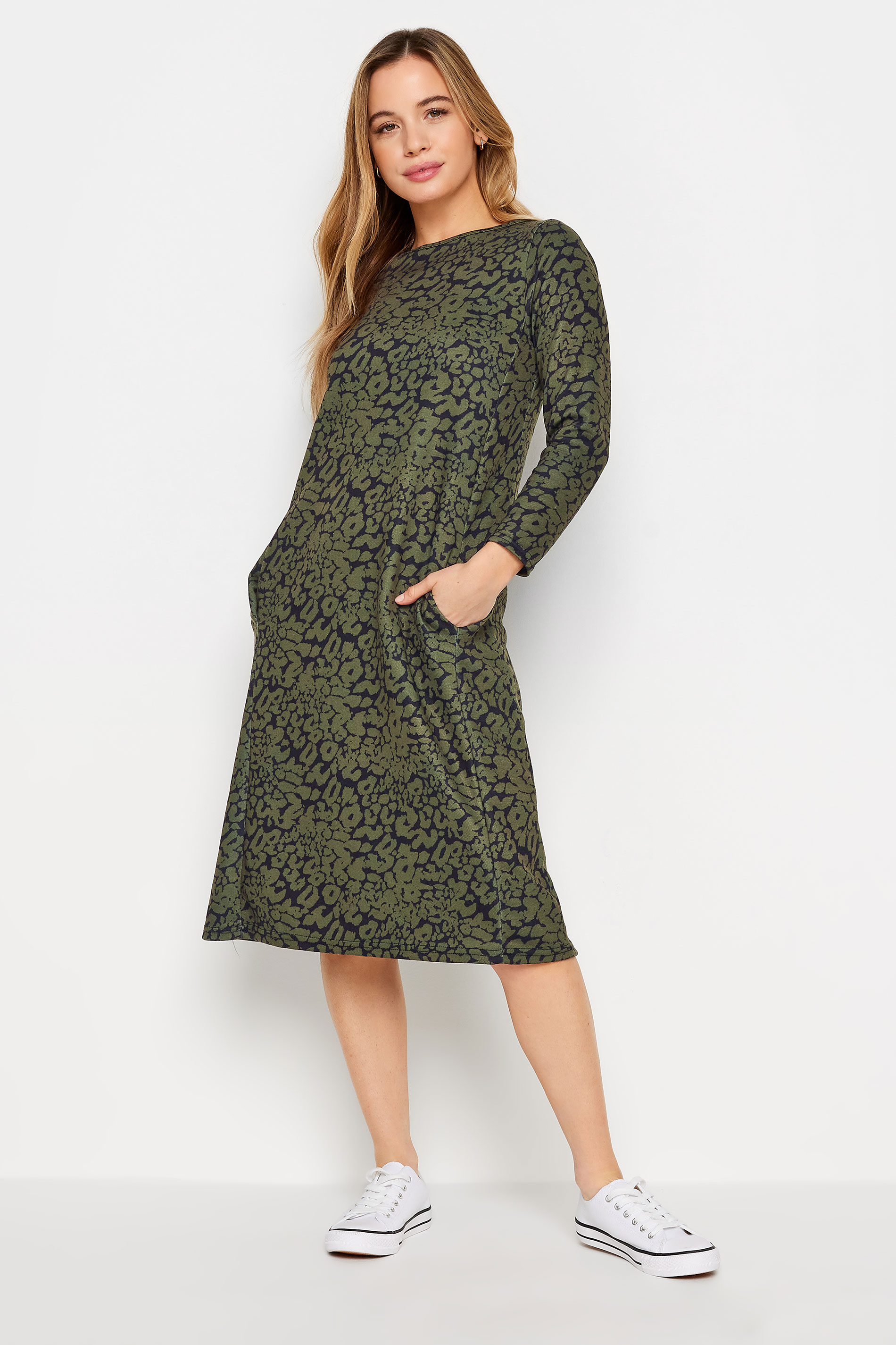 M&Co Petite Khaki Green Animal Print Ponte Swing Dress | M&Co 1