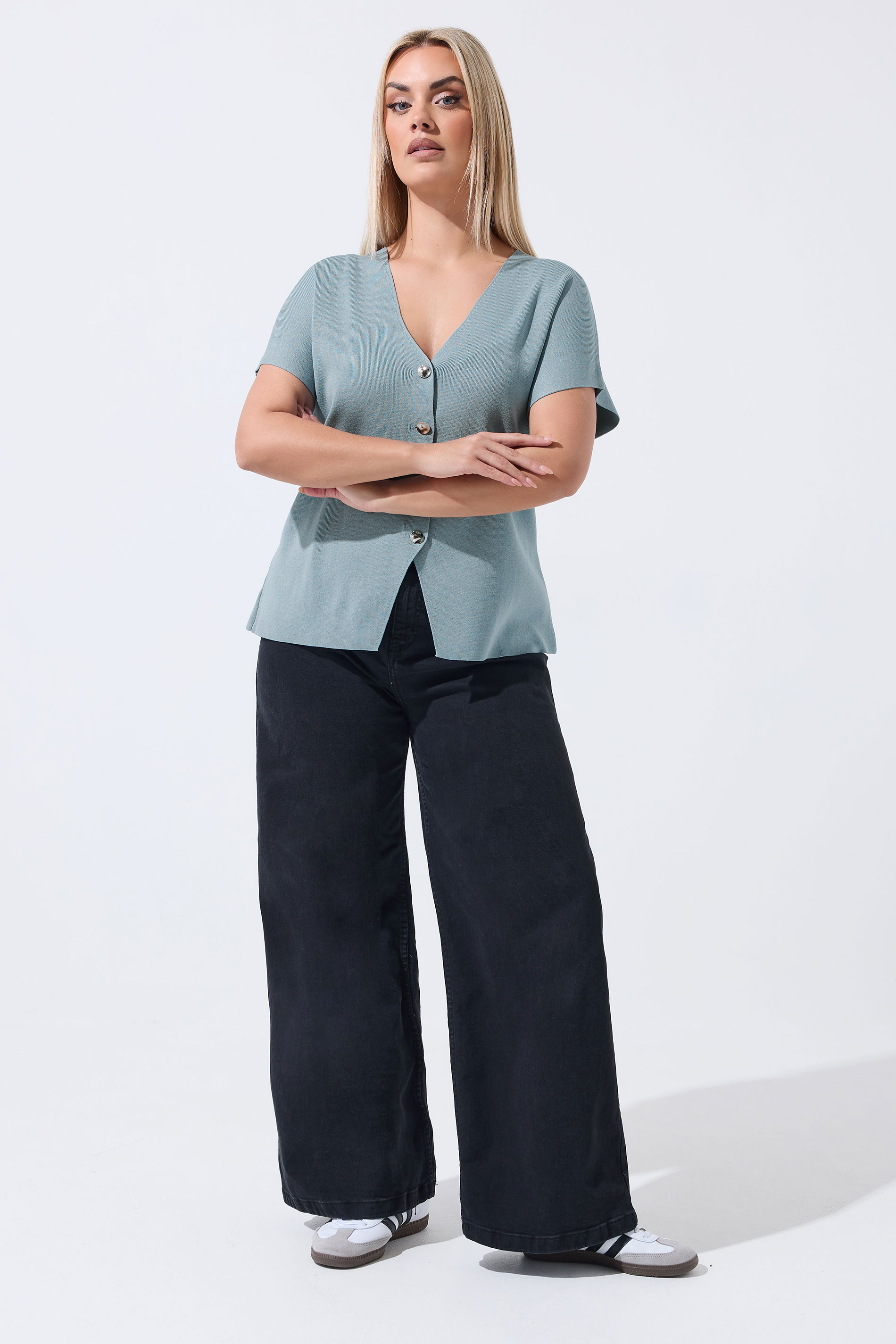 LIMITED COLLECTION Plus Size Blue Short Sleeve Knitted Top | Yours Clothing 1