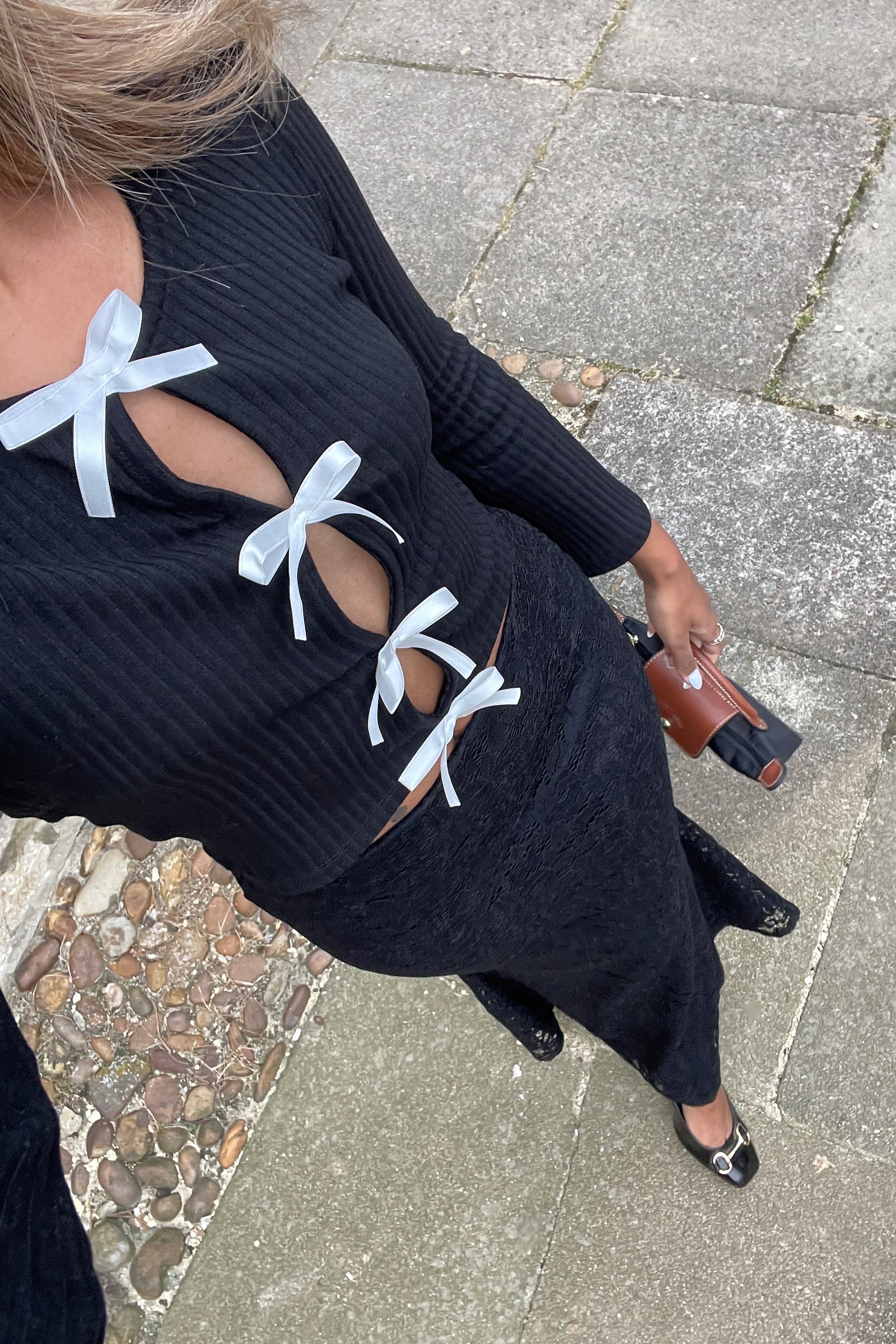 PixieGirl Petite Women's Black Ribbed Bow Detail Long Sleeve Top | PixieGirl 1