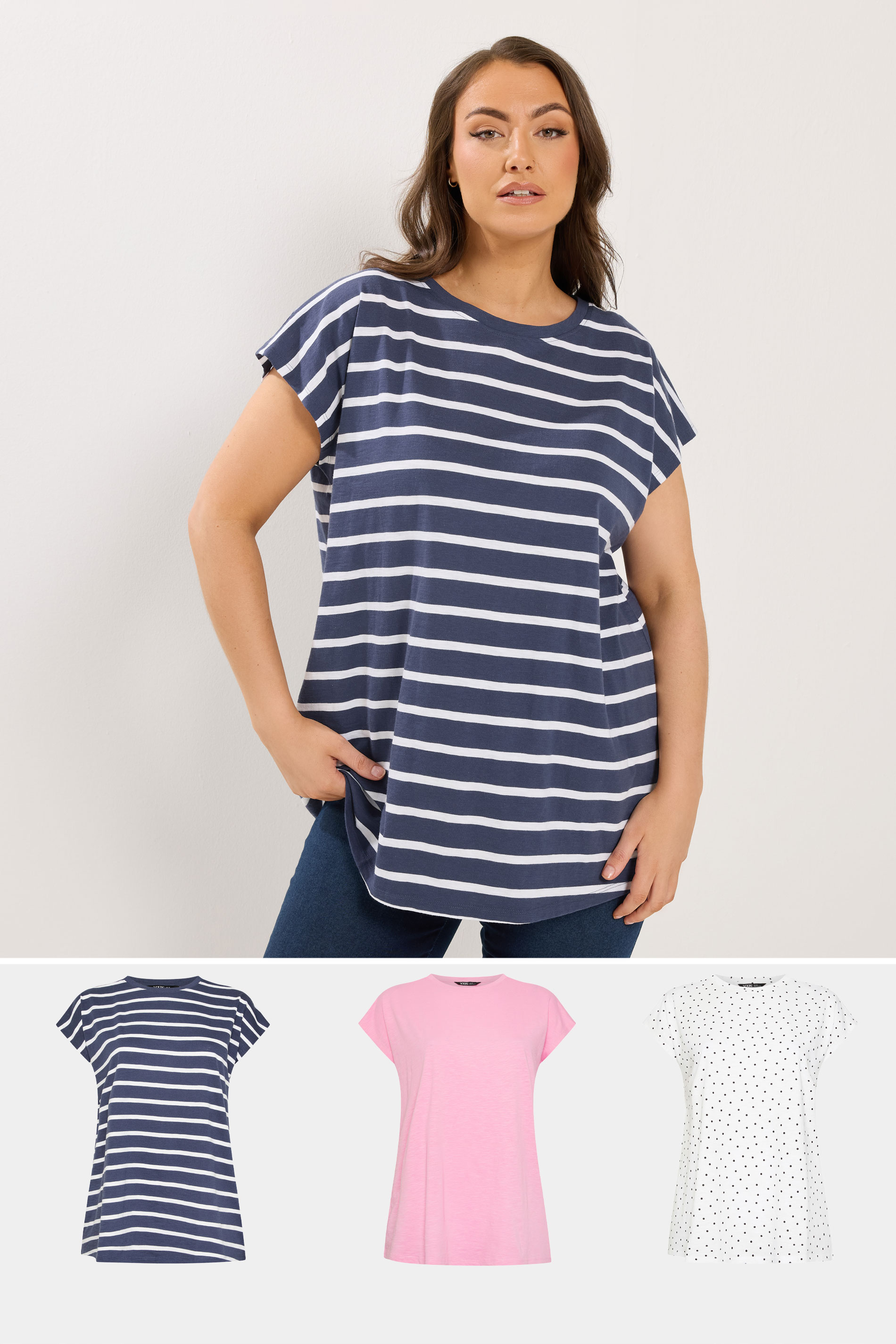 YOURS 3 PACK Plus Size Pink & White Grown-On Sleeves T-Shirts | Yours Clothing 1