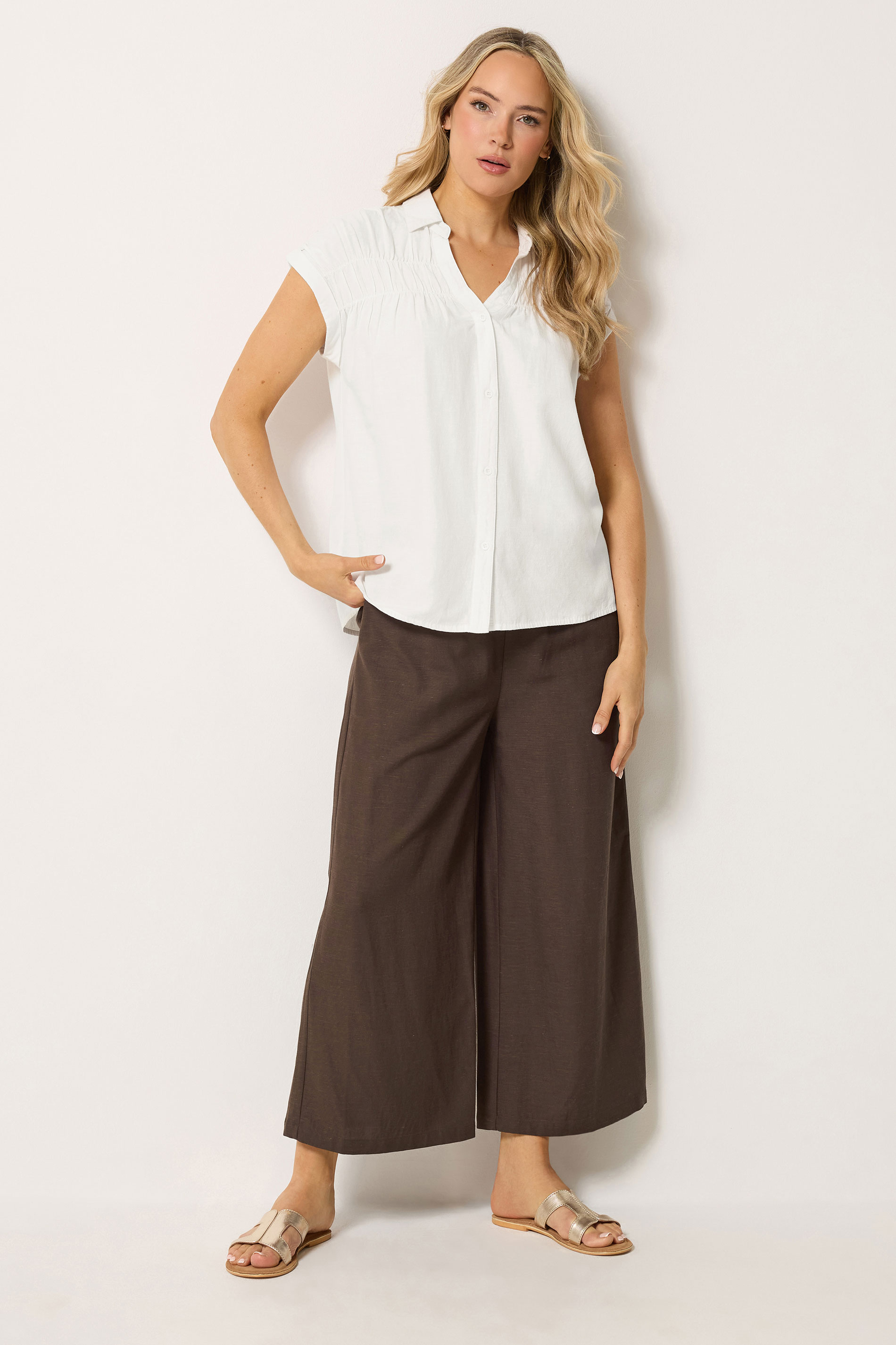 LTS Tall Women's White Shirred Detail Linen Blouse | Long Tall Sally 1