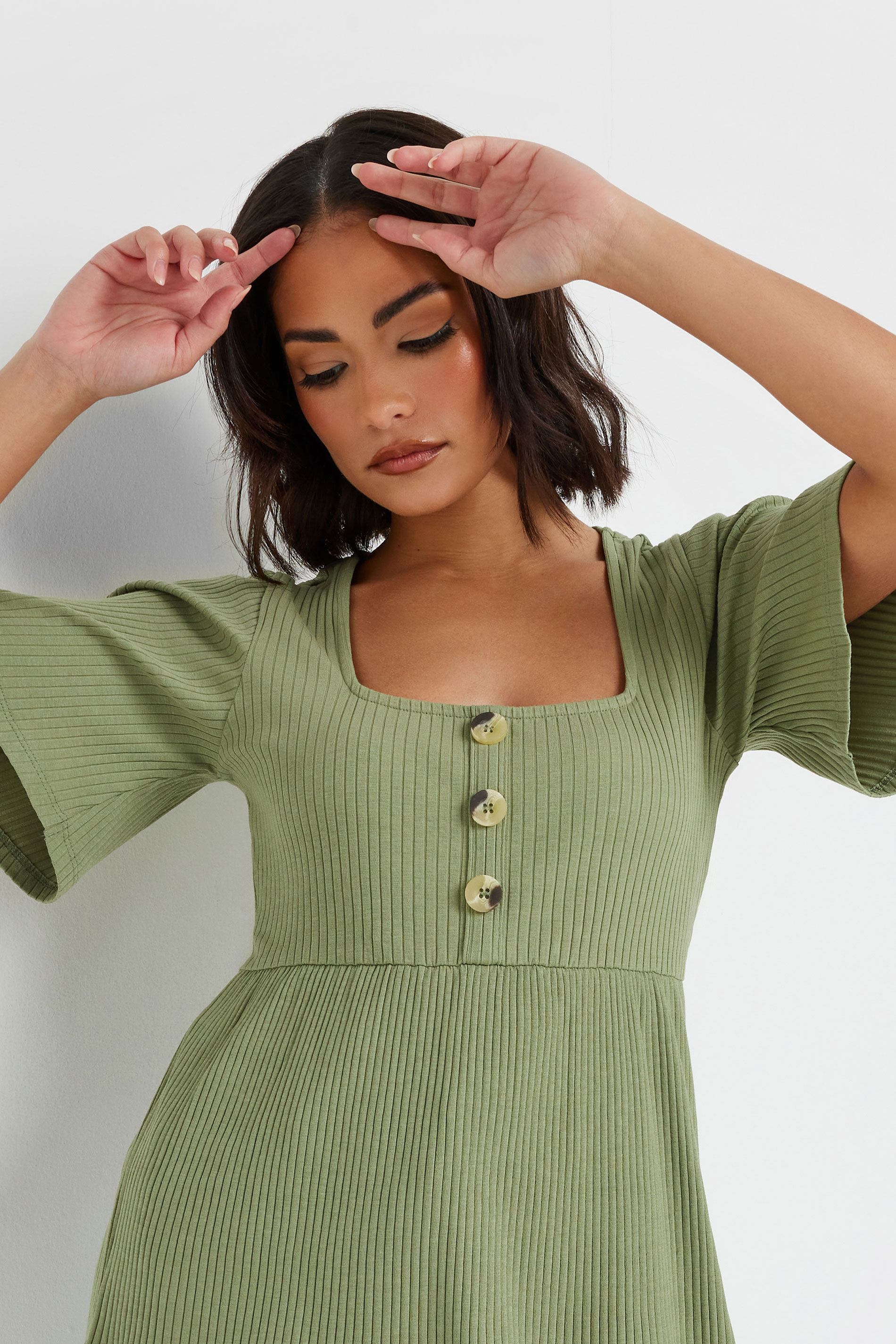 PixieGirl Petite Women's Sage Green Ribbed Smock Top | PixieGirl 4