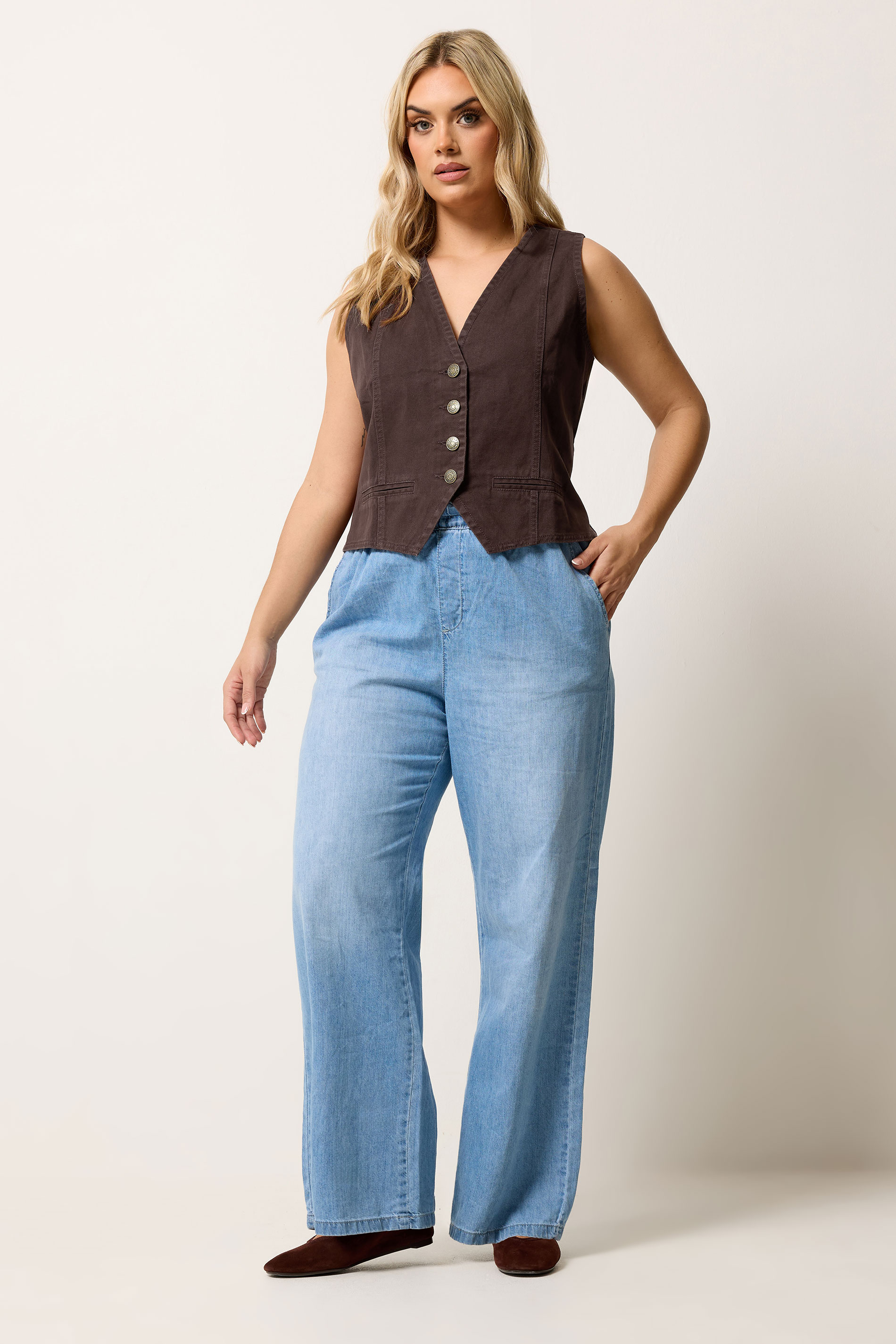 YOURS Plus Size Chocolate Brown Denim Waistcoat | Yours Clothing 1