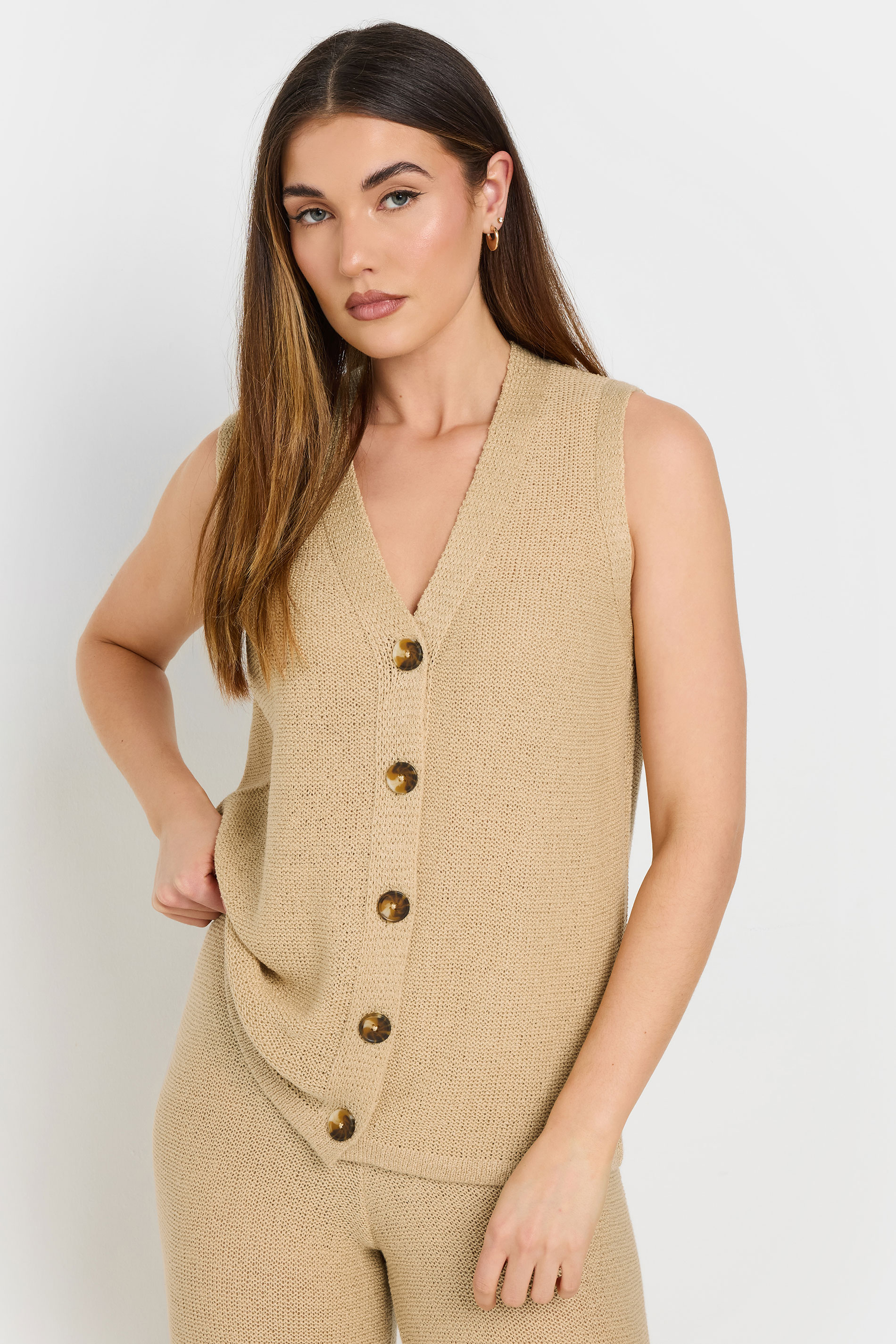 LTS Tall Natural Brown Knitted Button Waistcoat | Long Tall Sally 2