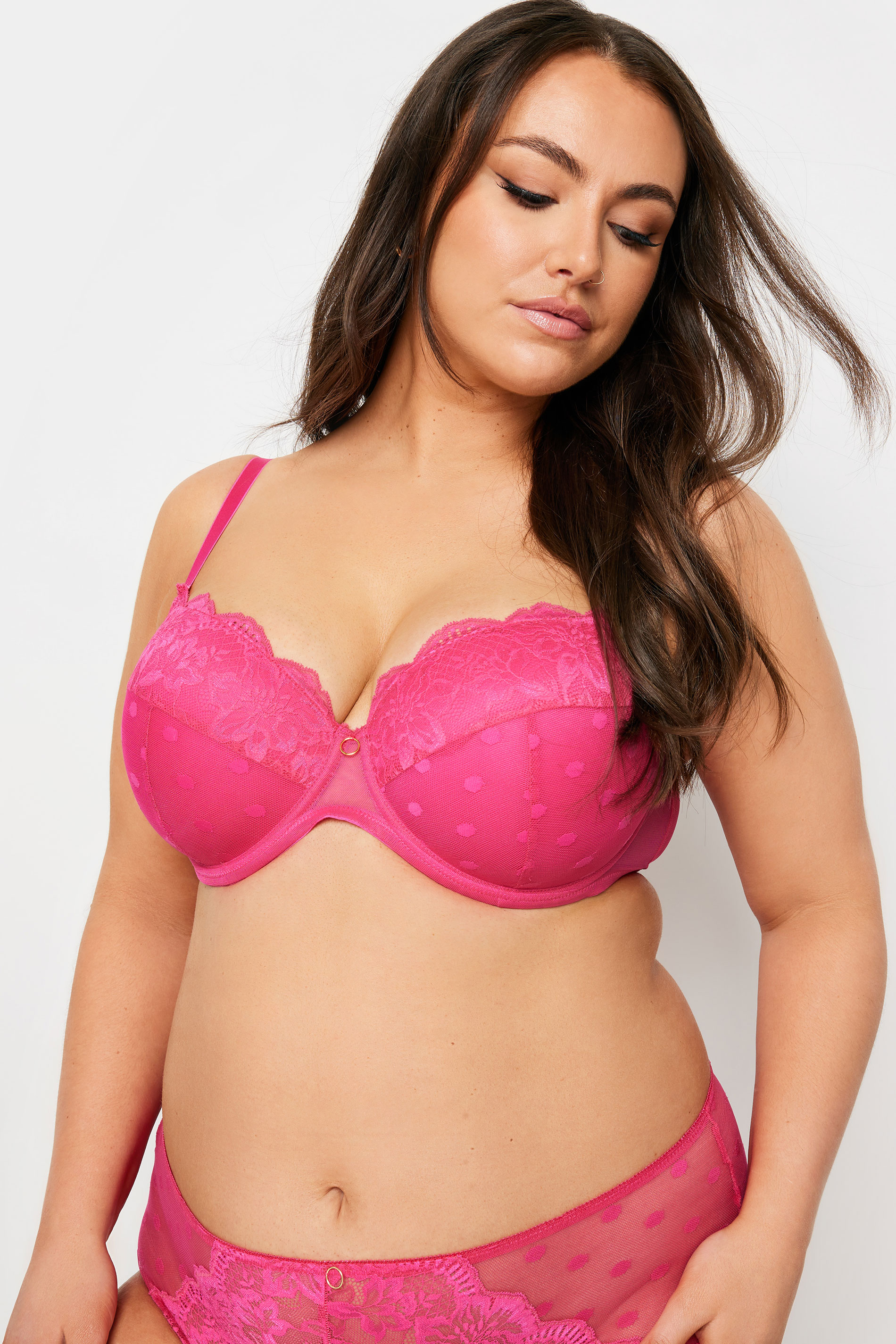YOURS Plus Size Hot Pink Dot Print Lace Padded Bra | Yours Clothing 1