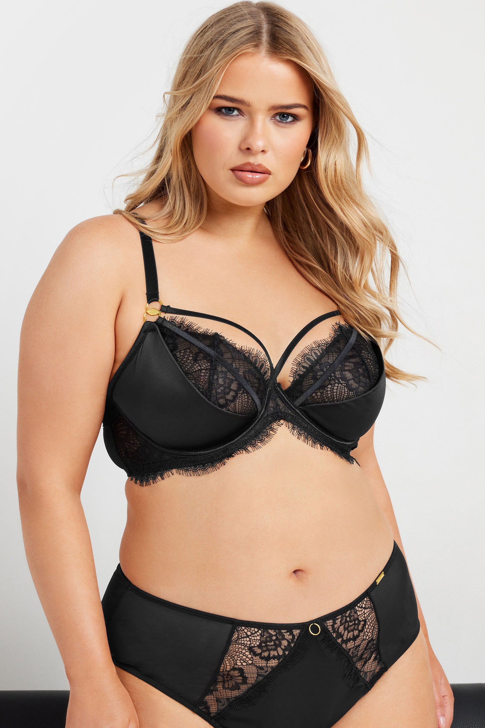 YOURS Plus Size Black Lace Strap Detail Satin Underwired Bra | Yours Clothing 1