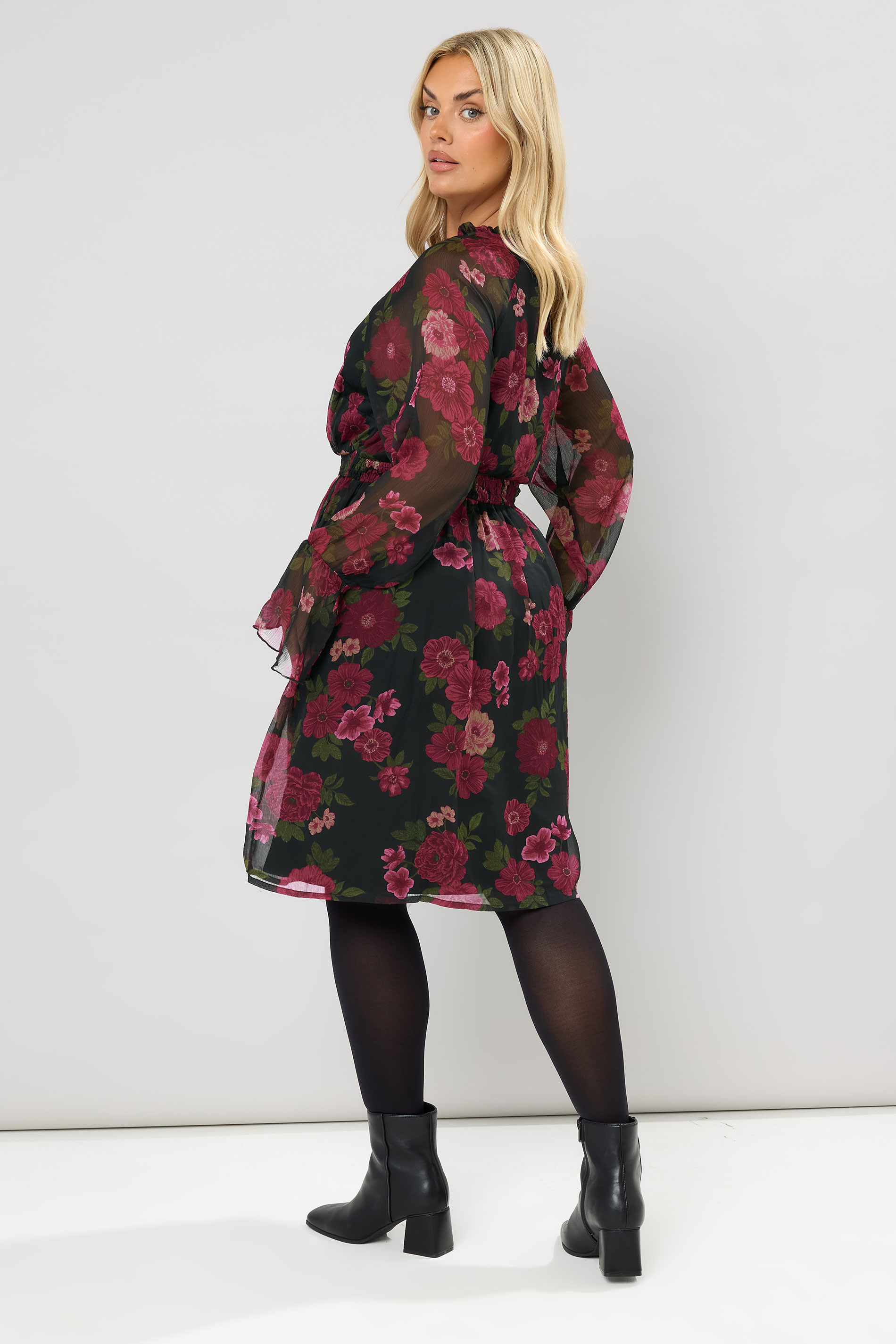 YOURS Plus Size Black Floral Tie Neck Midi Dress | Yours Clothing 5