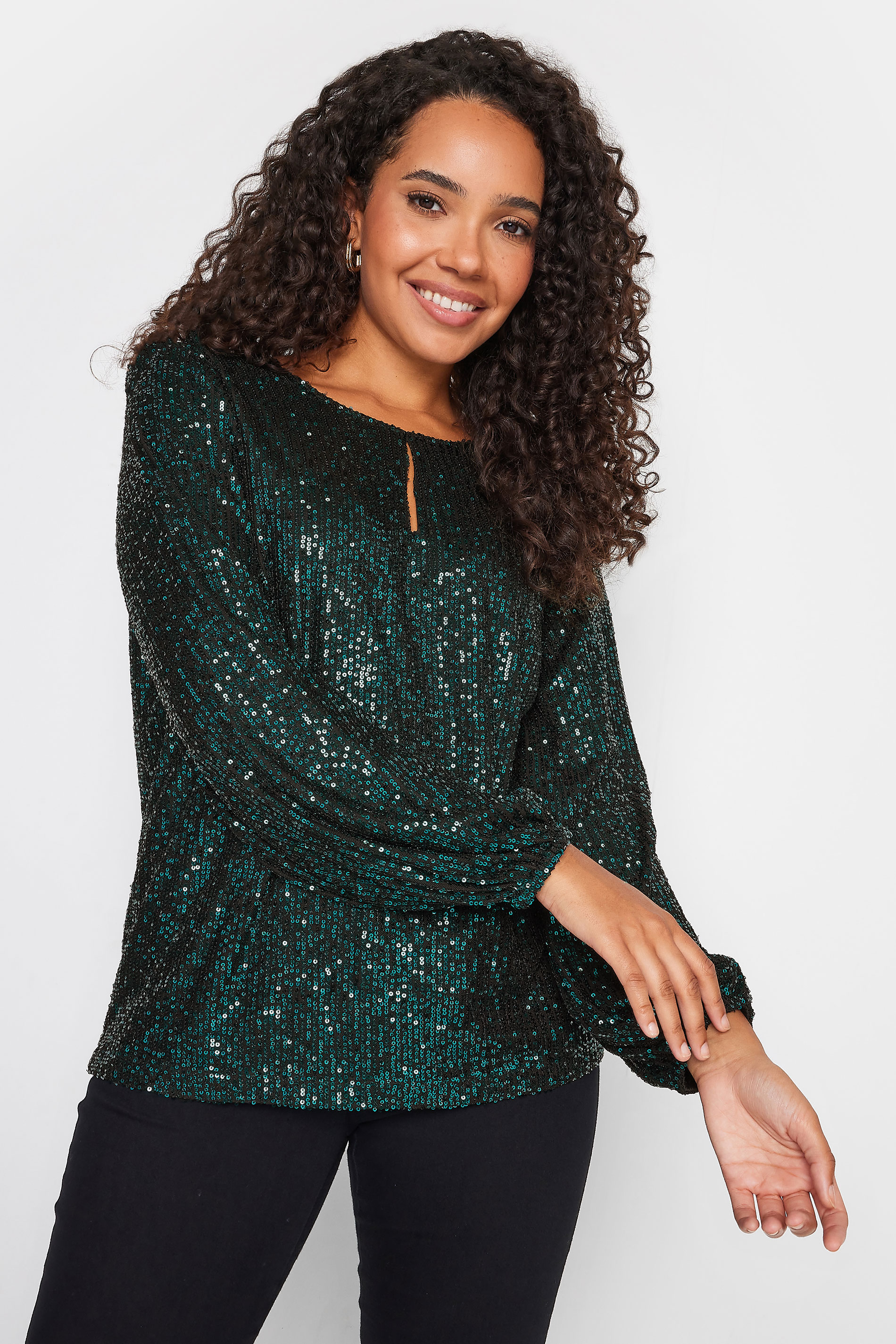 M&Co Dark Green Sequin Keyhole Long Sleeve Top | M&Co 2