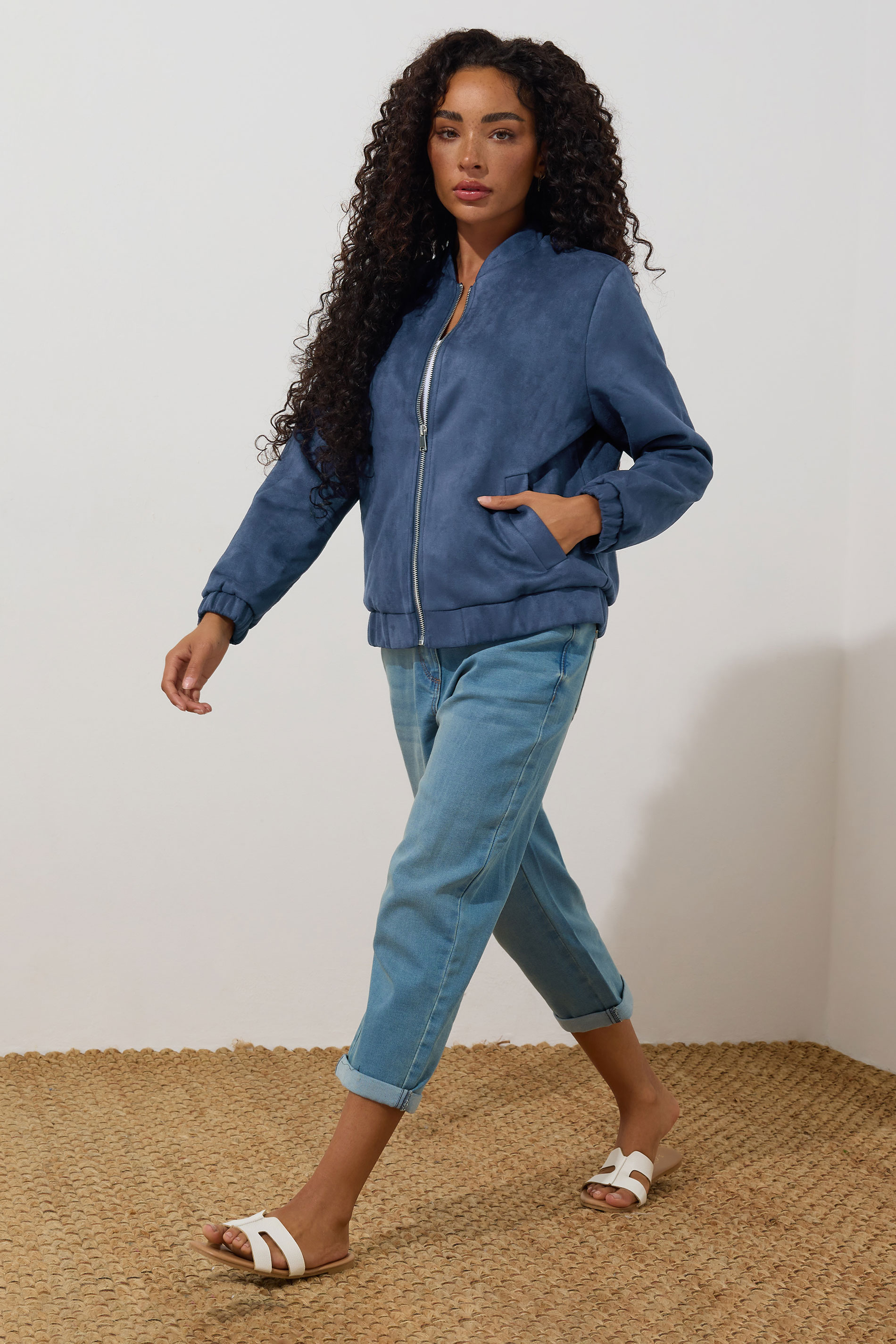 M&Co Petite Navy Blue Faux Suede Bomber Jacket | M&Co 1