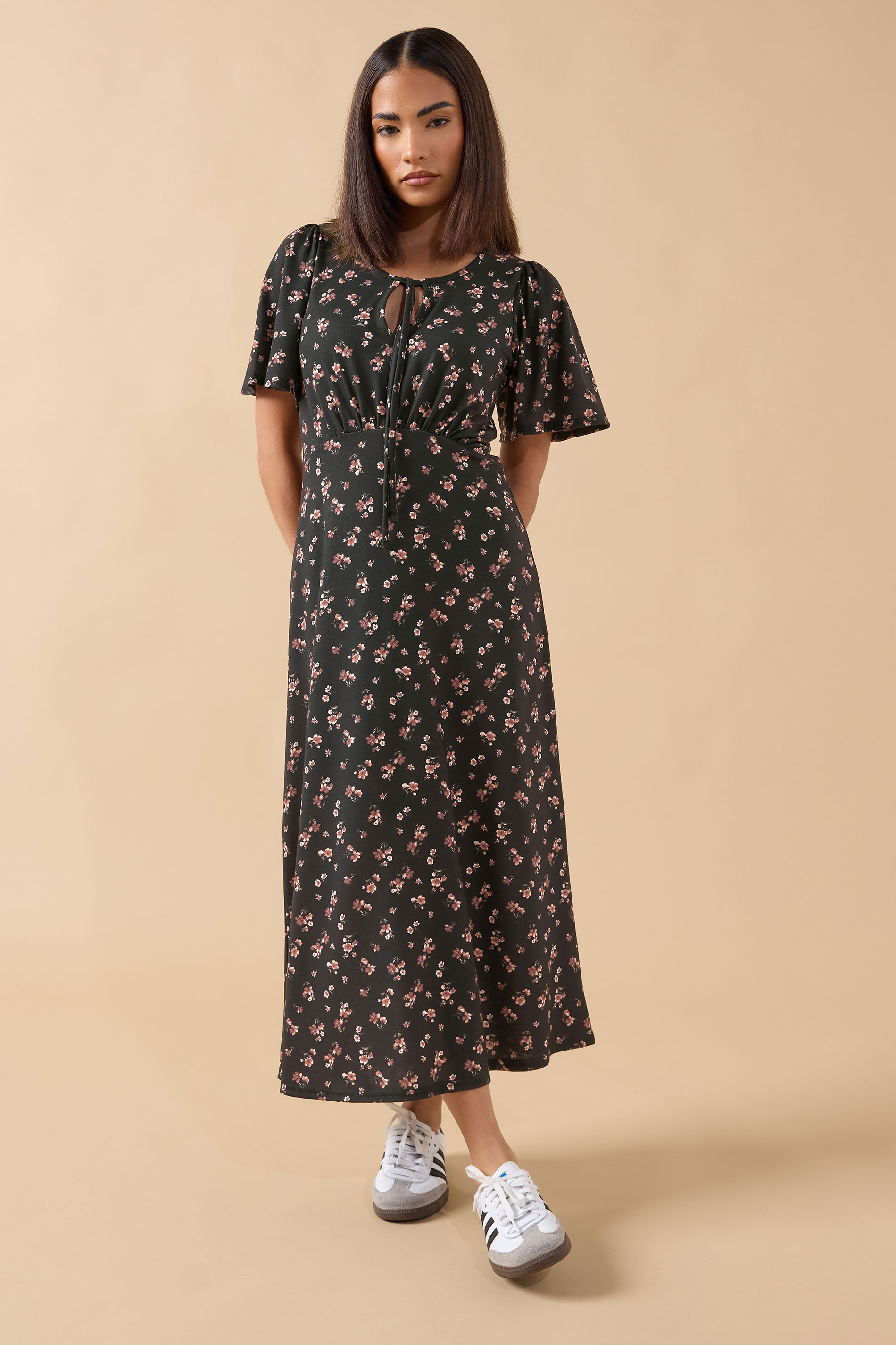 PixieGirl Petite Women's Black Ditsy FloralTie Front Midi Dress | PixieGirl 1