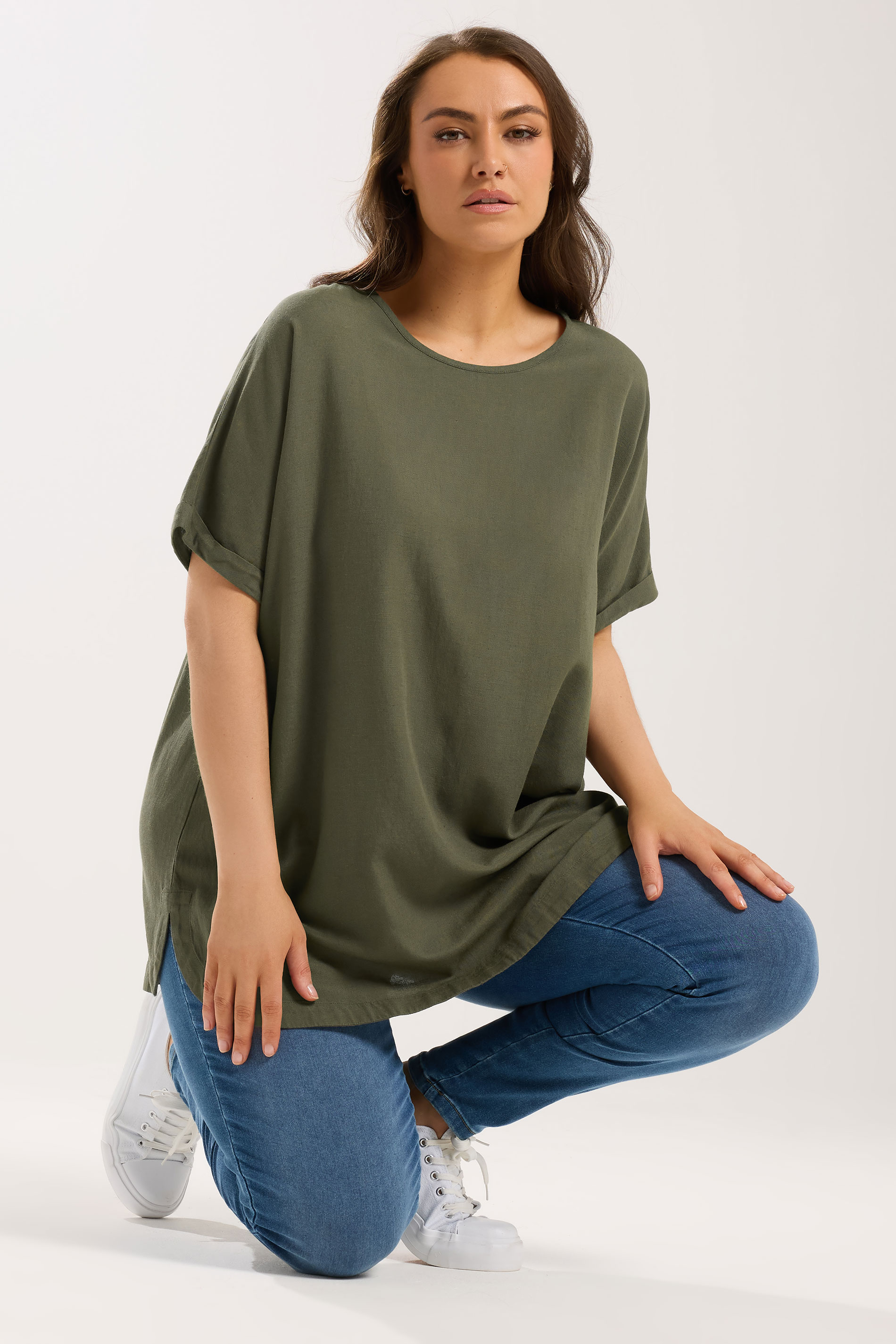 YOURS Plus Size Khaki Green Linen Boxy T-Shirt | Yours Clothing 3
