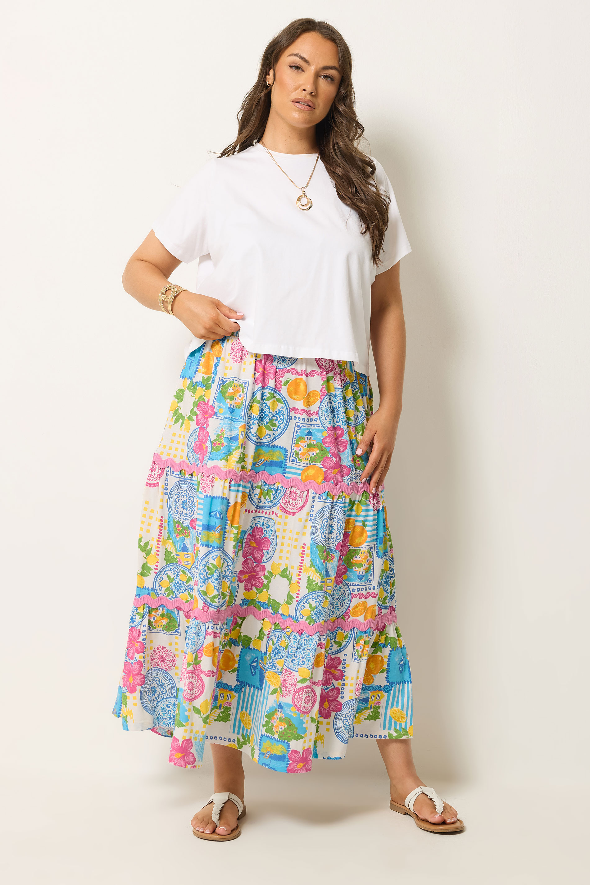 YOURS Plus Size White Tile Print Tiered Maxi Skirt | Yours Clothing 3
